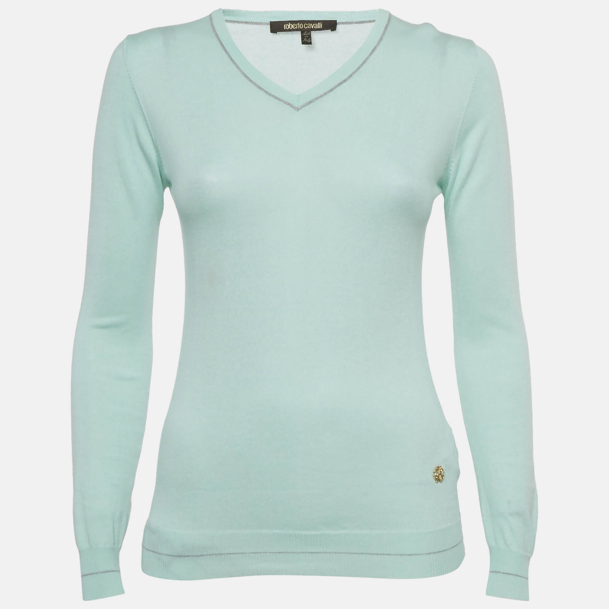 Roberto Cavalli Blue Cotton Knit V-Neck Sweater M