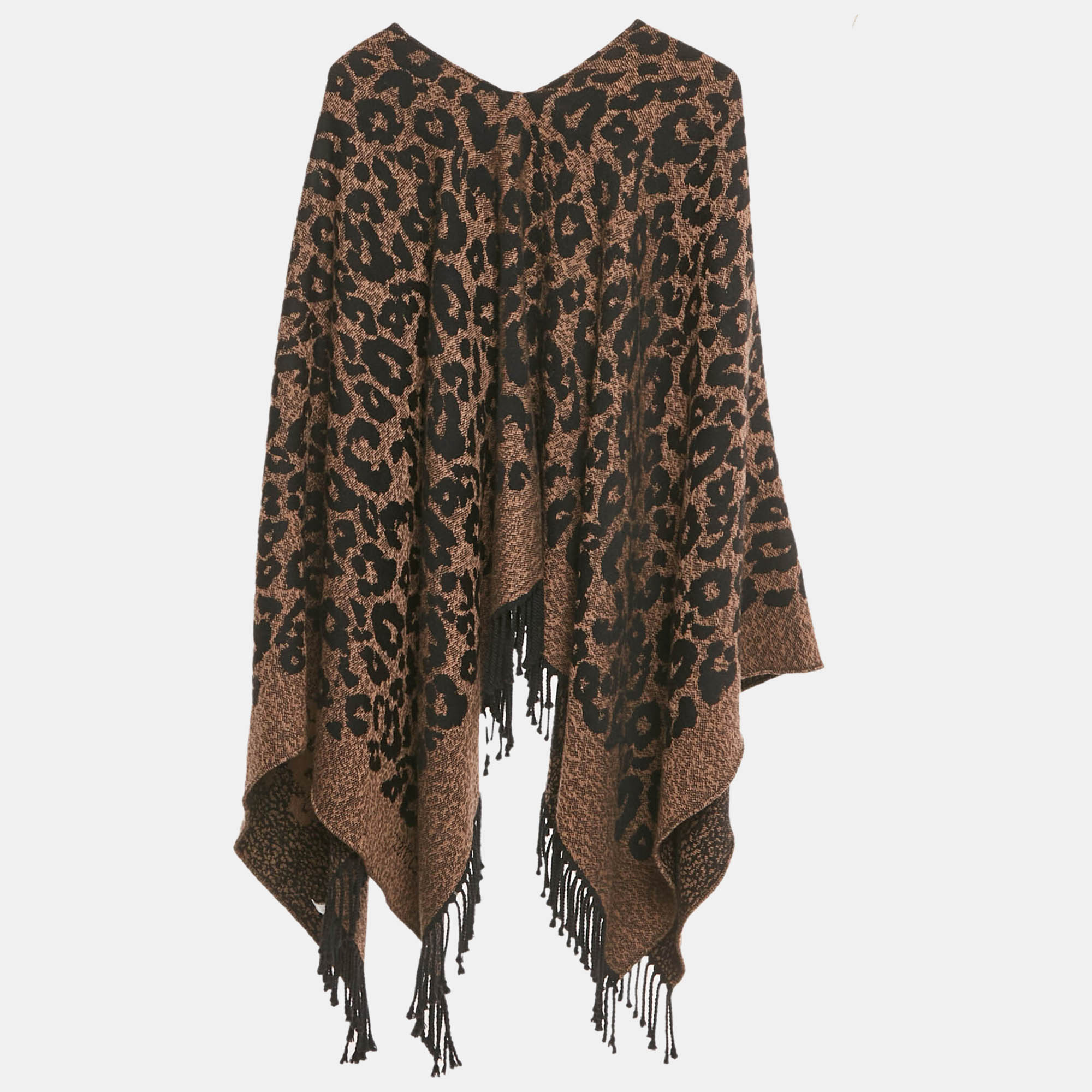 Pre-owned Roberto Cavalli Brown Jacquard Wool Fringed Poncho One Size