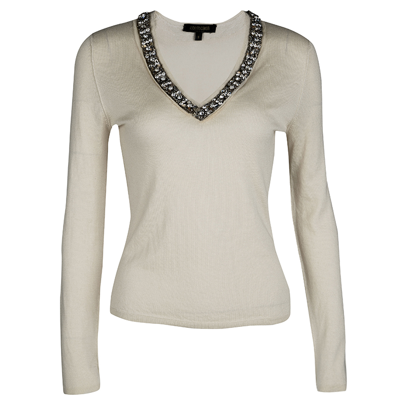 Pre Owned Roberto Cavalli Beige Embellished Silk Cashmere Sweater S