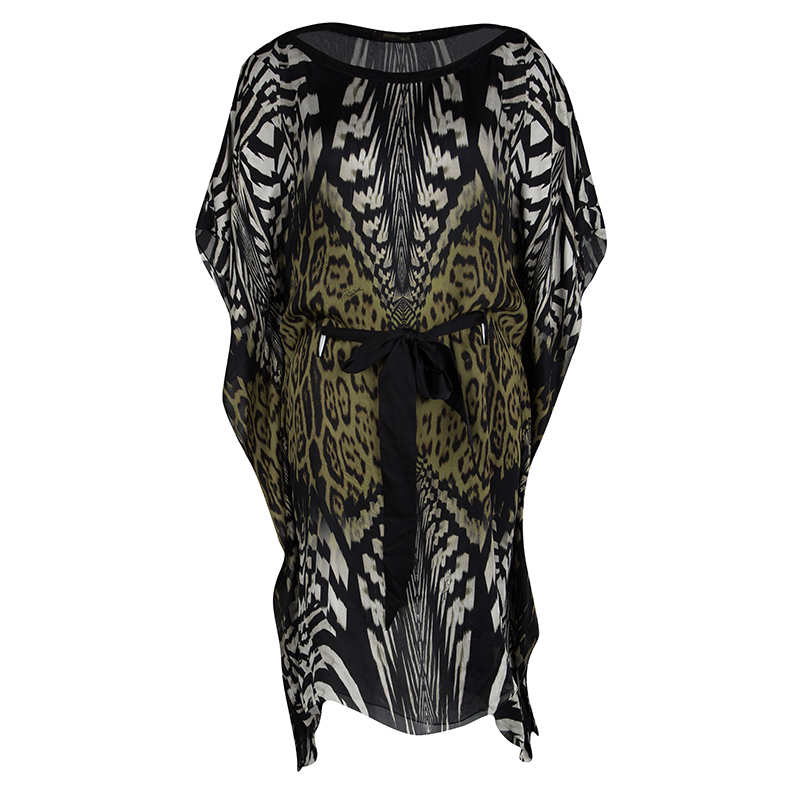 Pre Owned Roberto Cavalli Animal Printed Silk Belted Kaftan Tunic M
