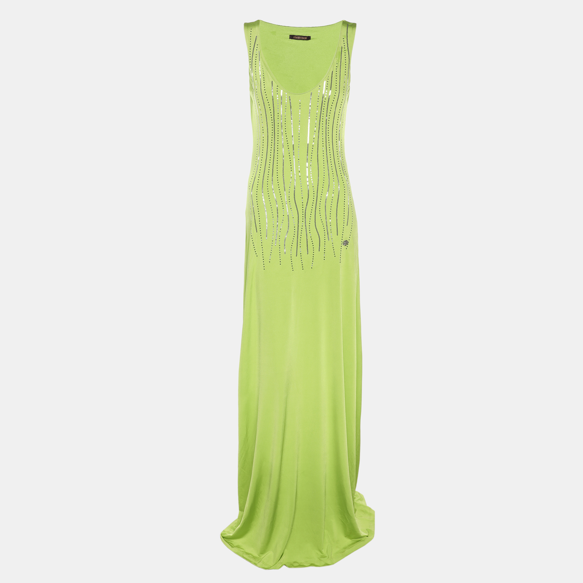 Roberto Cavalli Green Stretch Satin Sequin Embellished Long Dress M