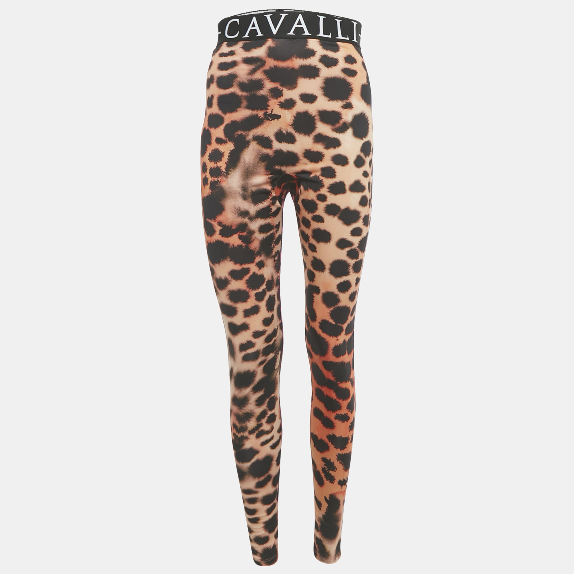 

Roberto Cavalli Brown/Pink Animal Print Logo Waist Band Leggings L