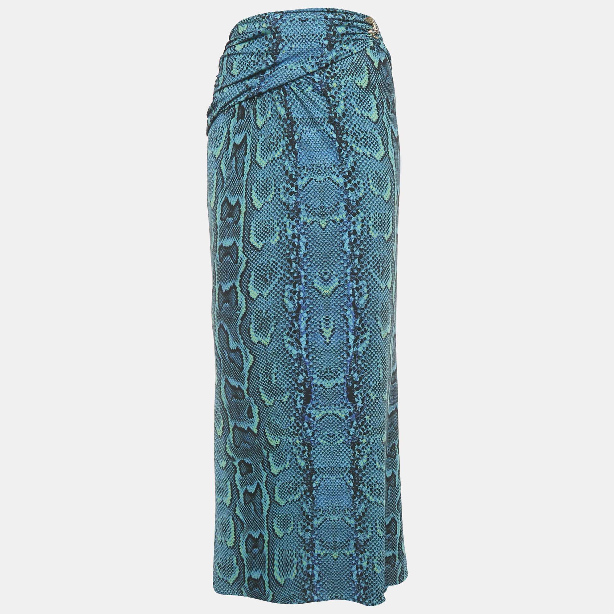 Pre-owned Roberto Cavalli Blue Snake Print Jersey Gathered Waist Maxi Skirt M