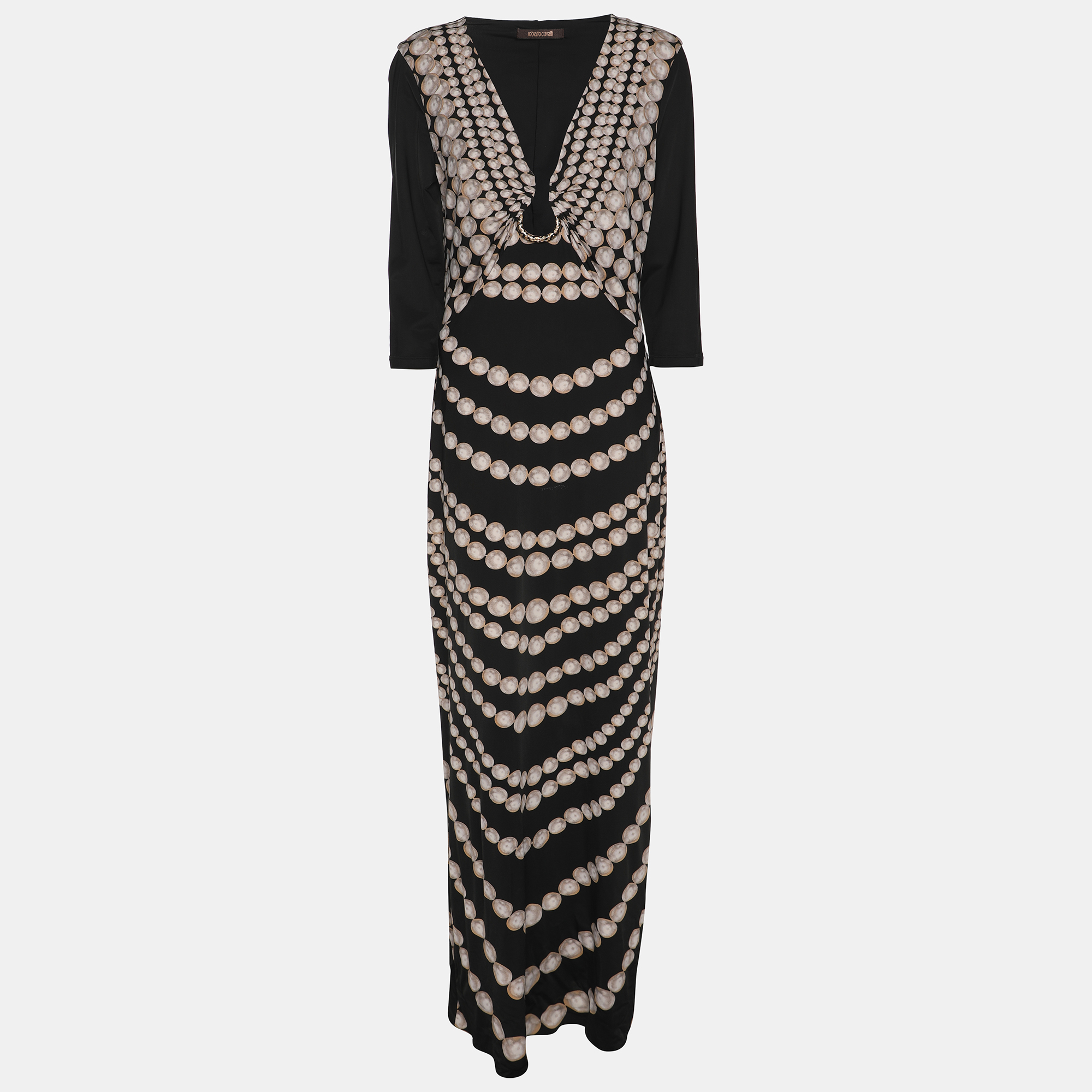 Roberto Cavalli Black Pearl Print Stretch Satin Long Sleeve Maxi Dress L