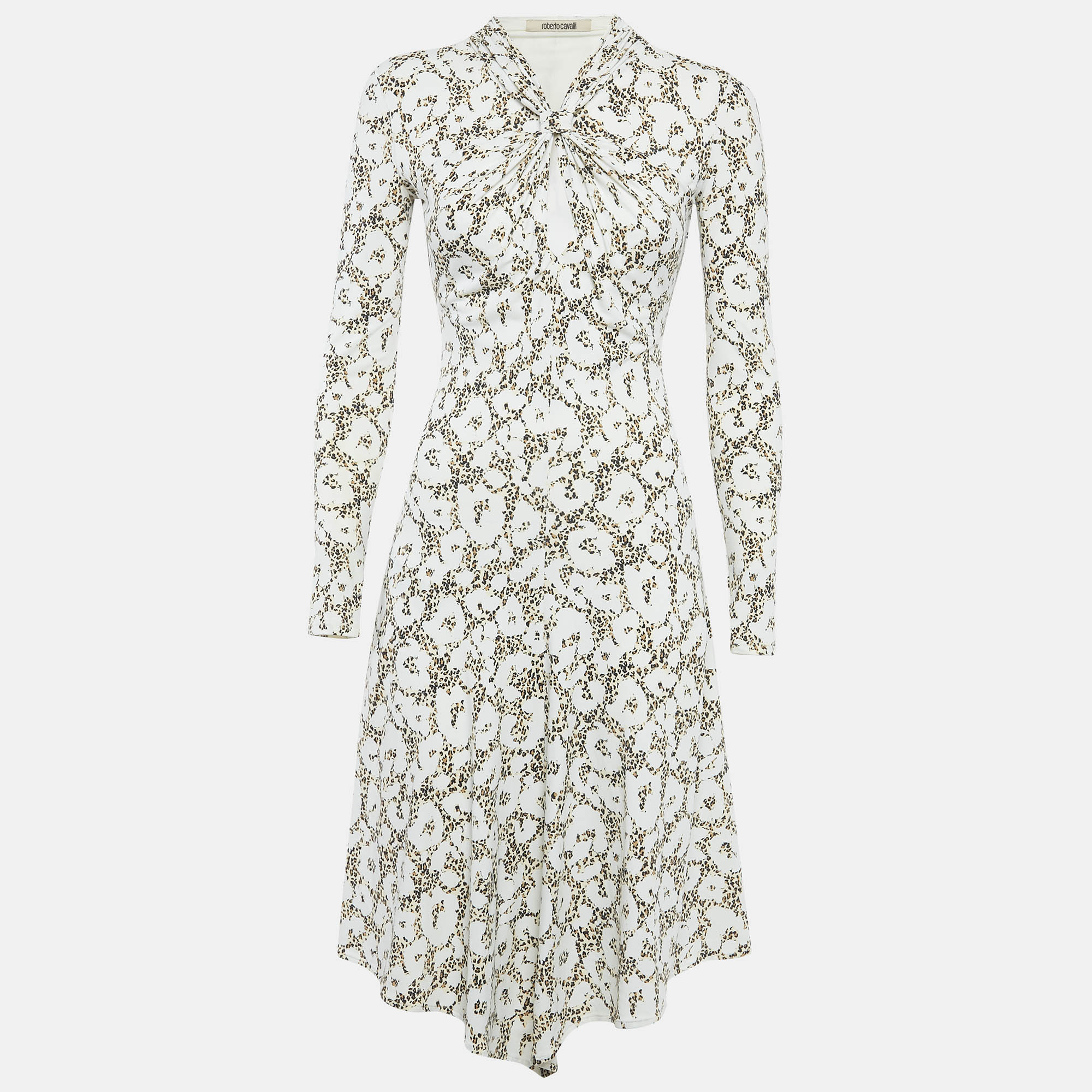 Roberto Cavalli White Animal Print Jersey Asymmetric Midi Dress S