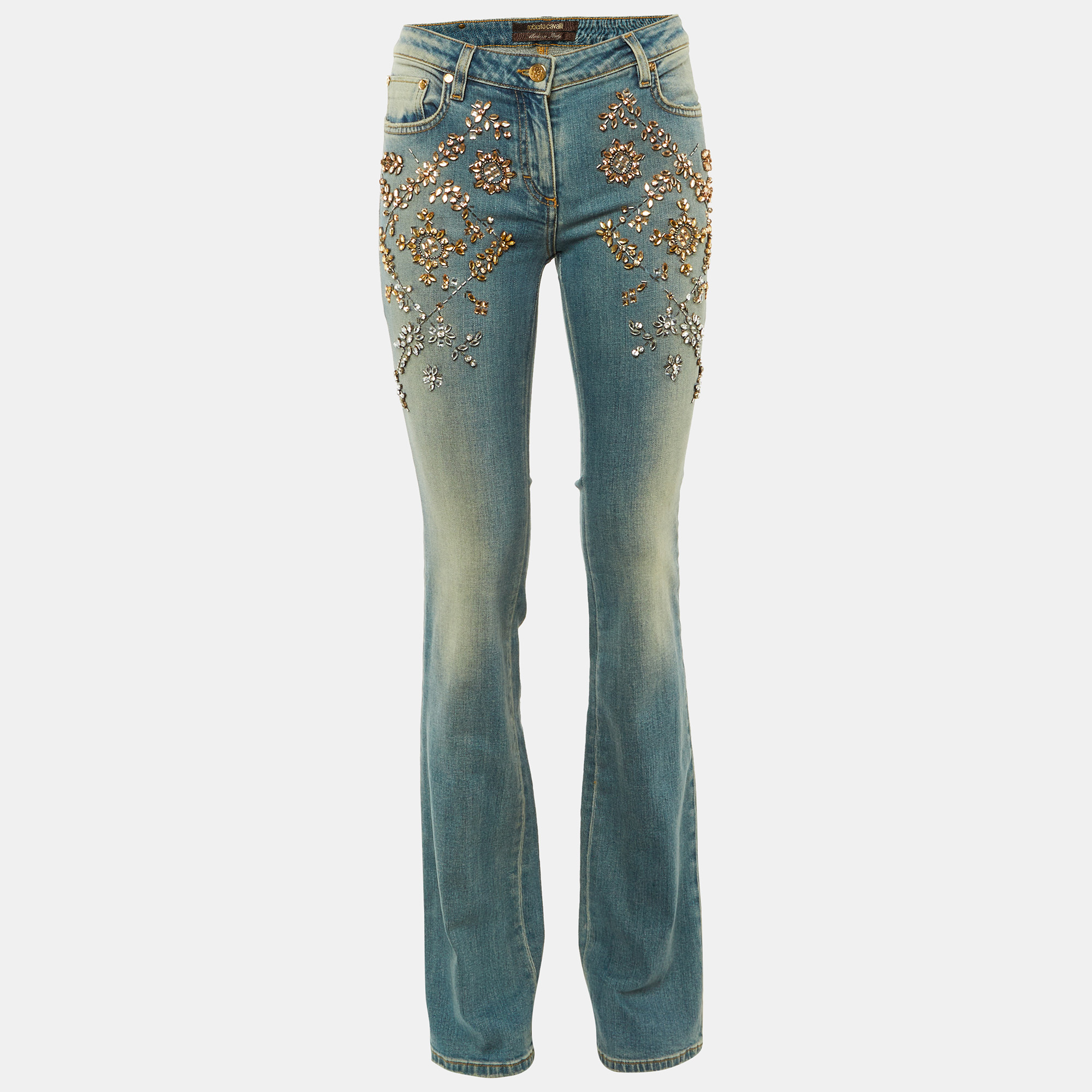 Pre-owned Roberto Cavalli Blue Denim Crystal Embellished Boot Cut Jeans M/waist 31"