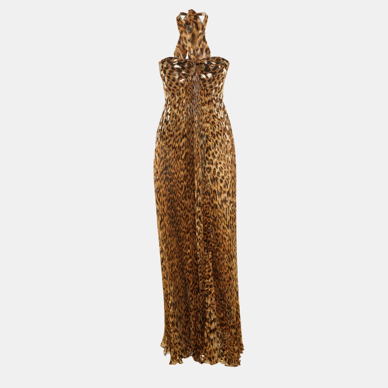 

Roberto Cavalli Brown Animal Printed Lurex Silk Pleated Halter Neck Gown M