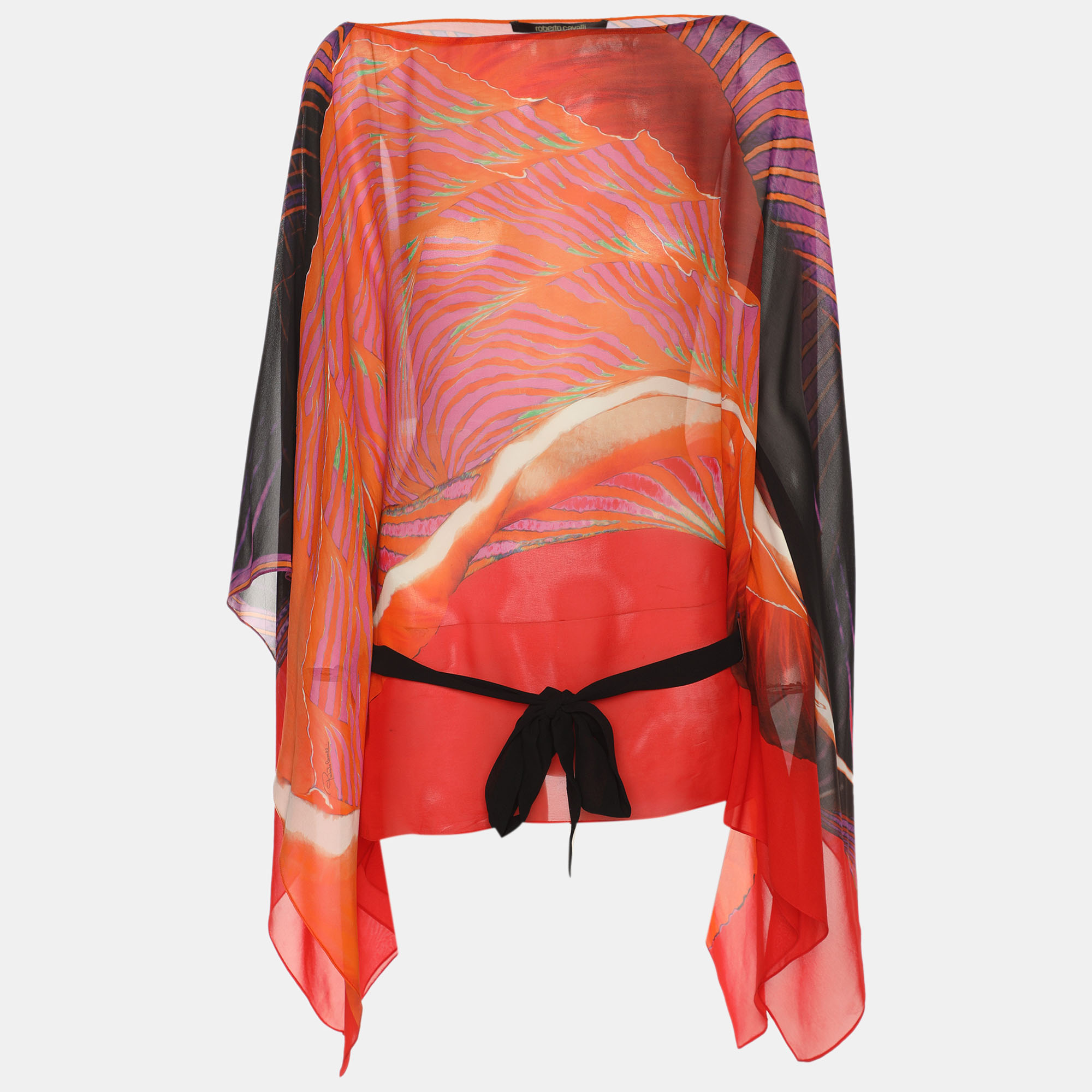 

Roberto Cavalli Multicolor Printed Silk Chiffon Waist Tie Detail Kaftan Top S