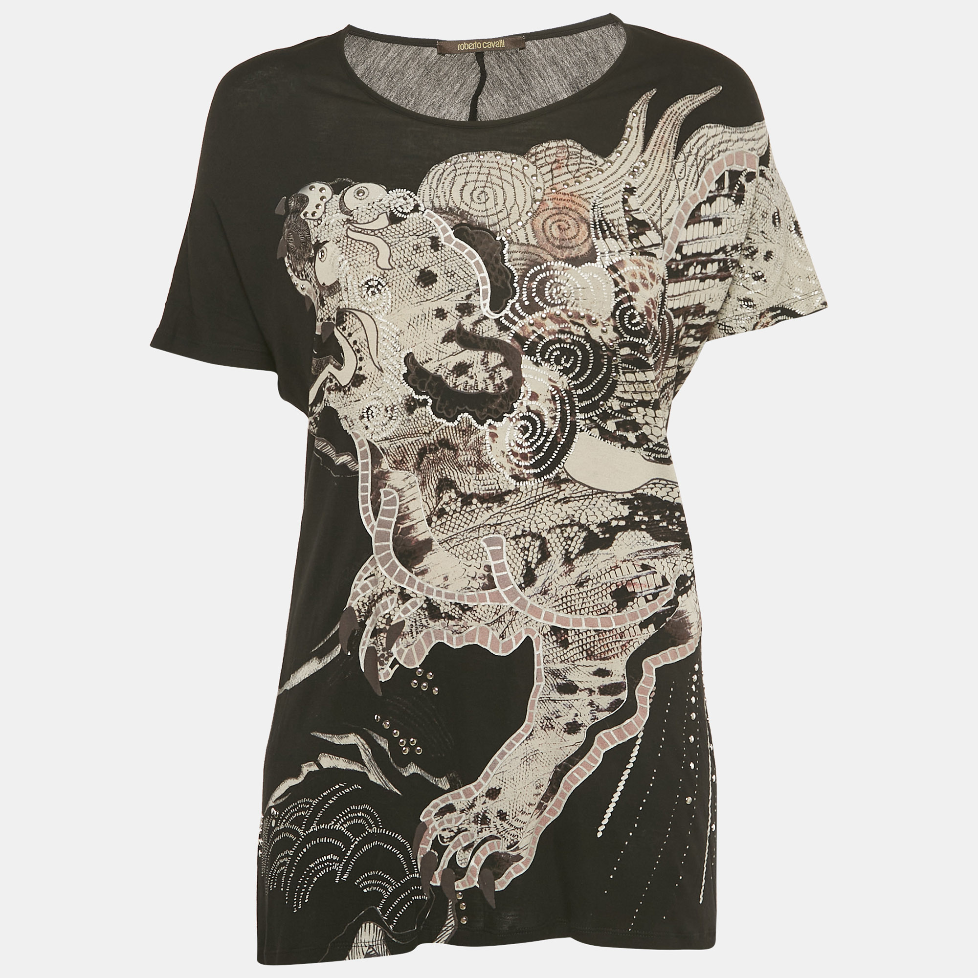 Pre-owned Roberto Cavalli Black Printed Stud Detail Jersey T-shirt M
