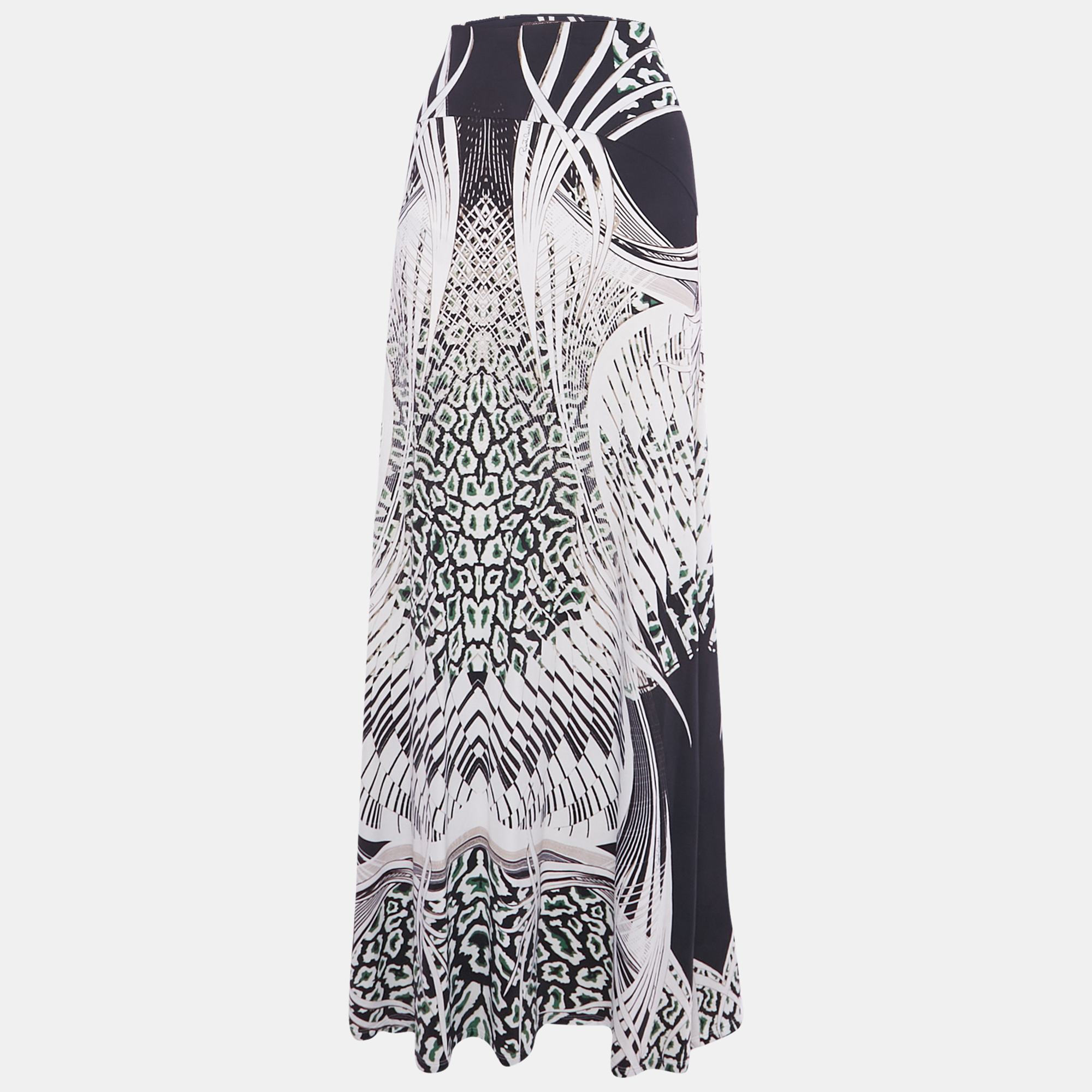 Pre-owned Roberto Cavalli Black Printed Jersey Maxi Skirt L