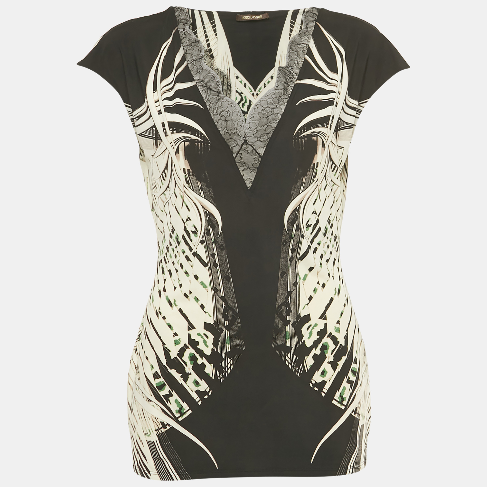 Pre-owned Roberto Cavalli Black /white Printed Lace Detail Jersey Top L