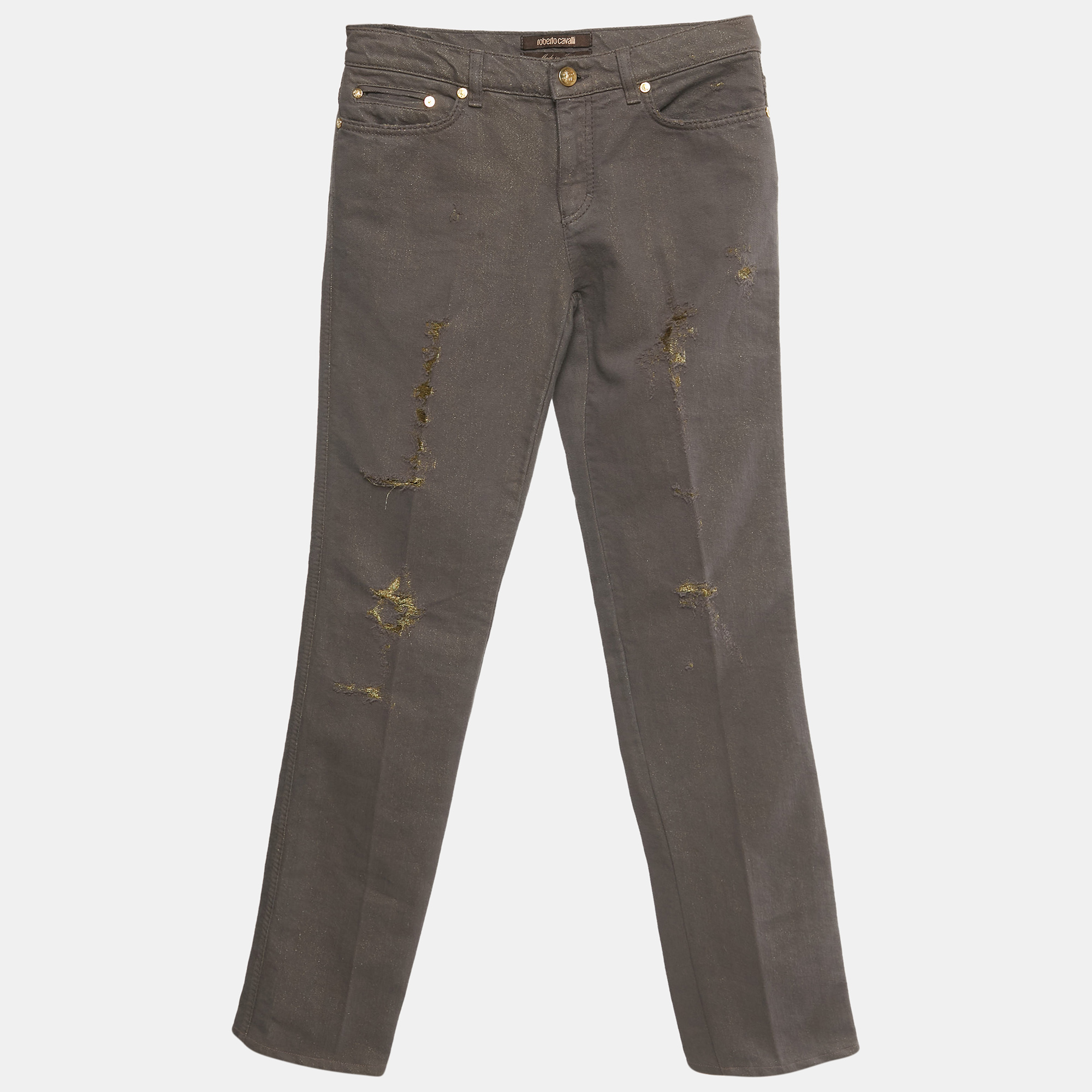 Pre-owned Roberto Cavalli Brown & Gold Denim Distressed Straight Leg Jeans S Waist 27"