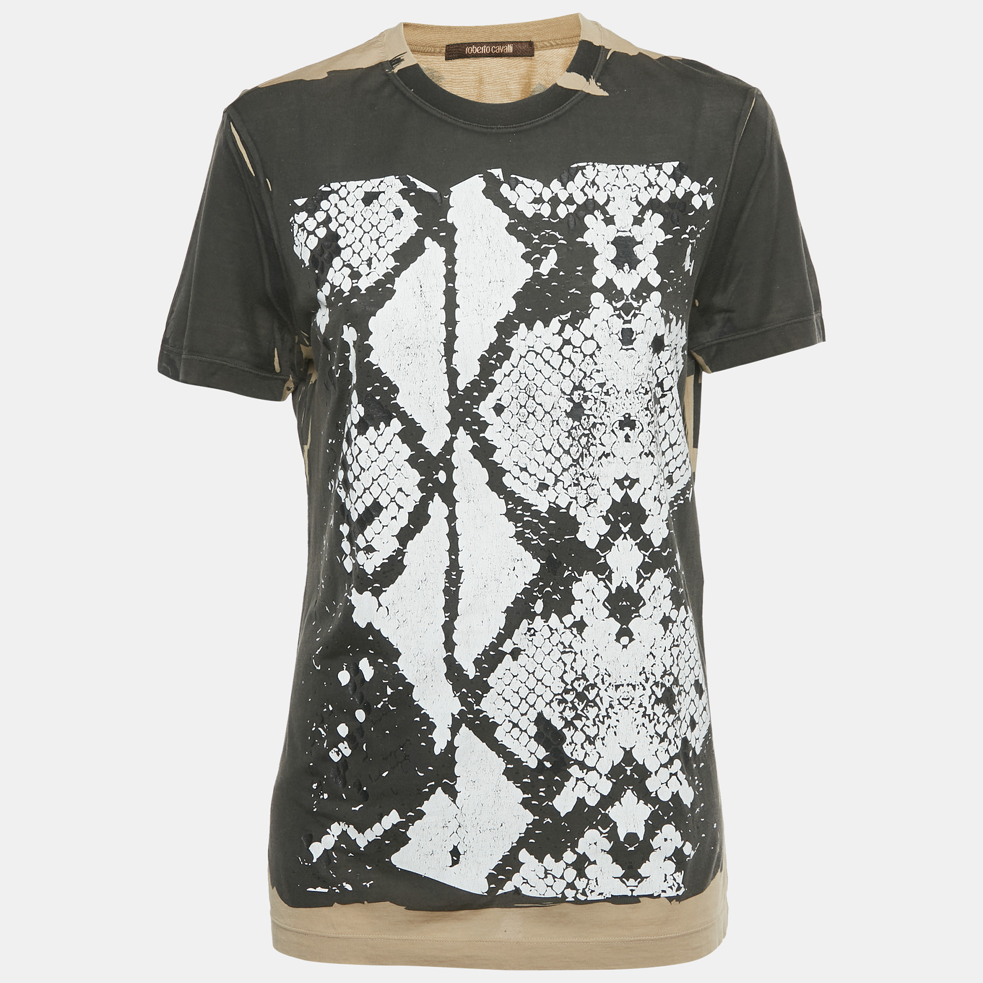 Pre-owned Roberto Cavalli Brown Snake Skin Print Cotton T-shirt L