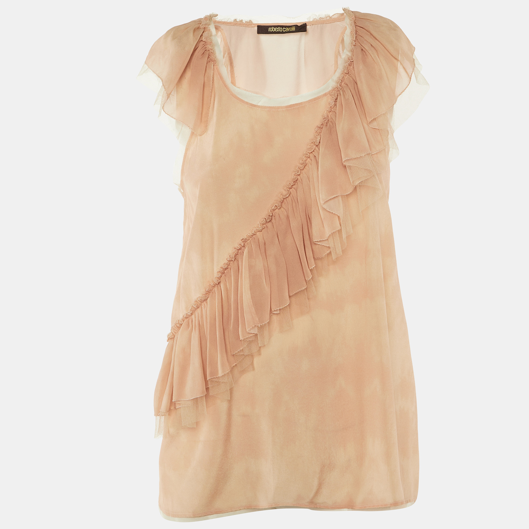 

Roberto Cavalli Beige Tie Dye Silk Frill Detail Top S