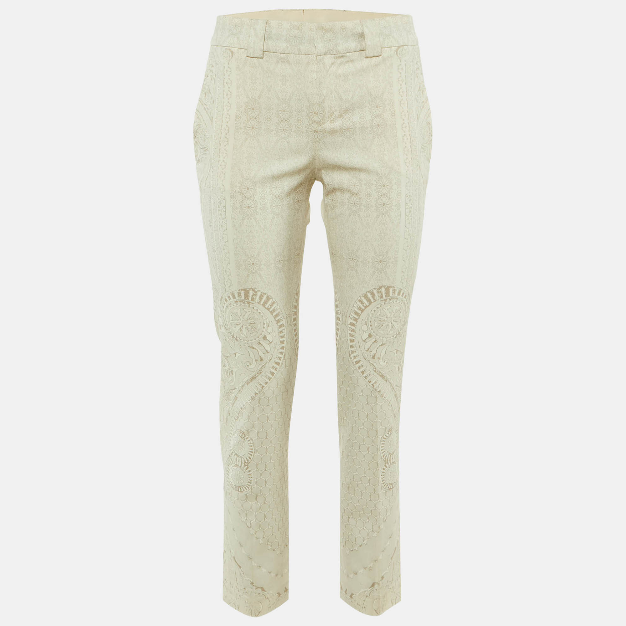 

Roberto Cavalli Ivory/Grey Paisley Print Cotton Trousers S, White