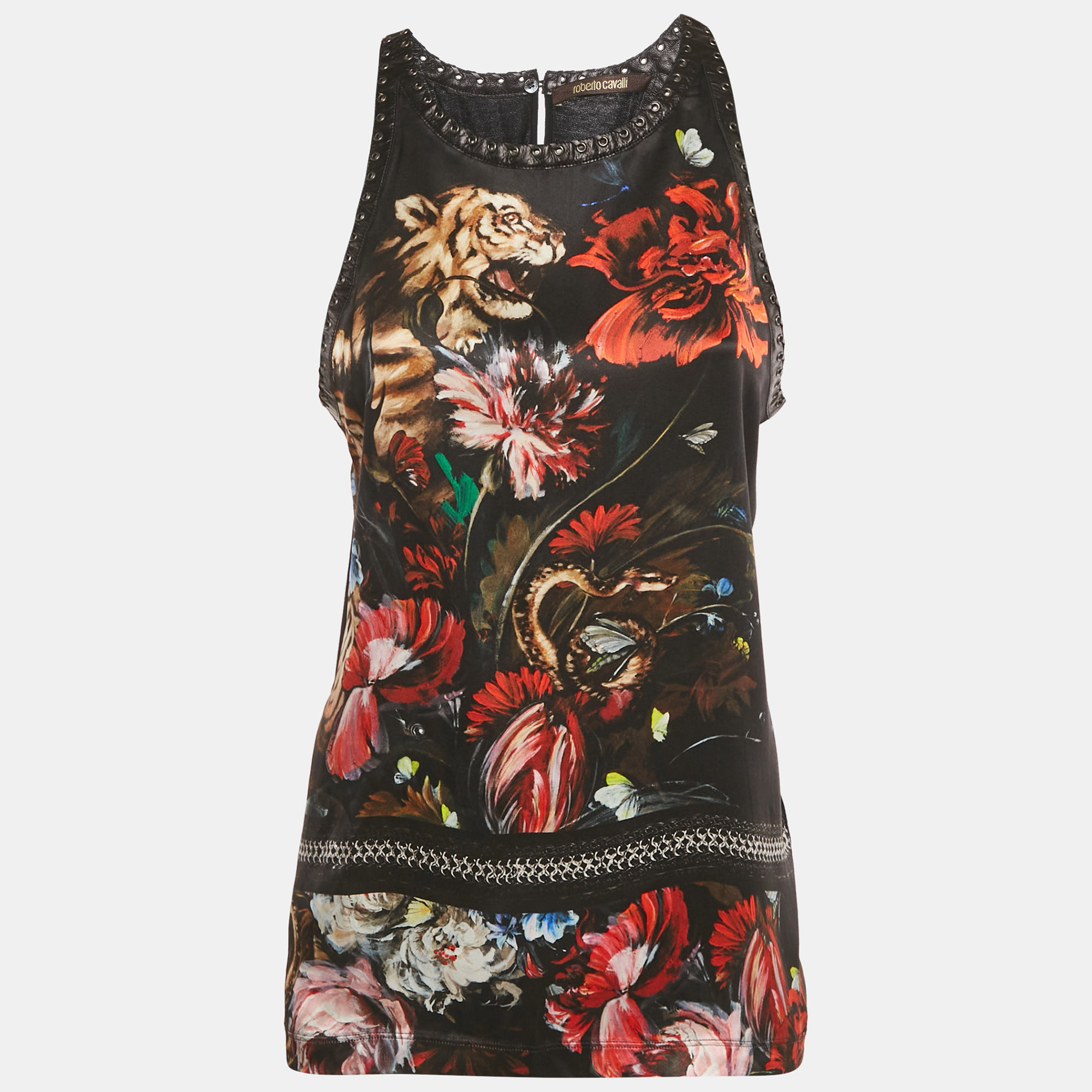 Pre-owned Roberto Cavalli Black Floral Print Silk Lace-up Leather Tank Top M