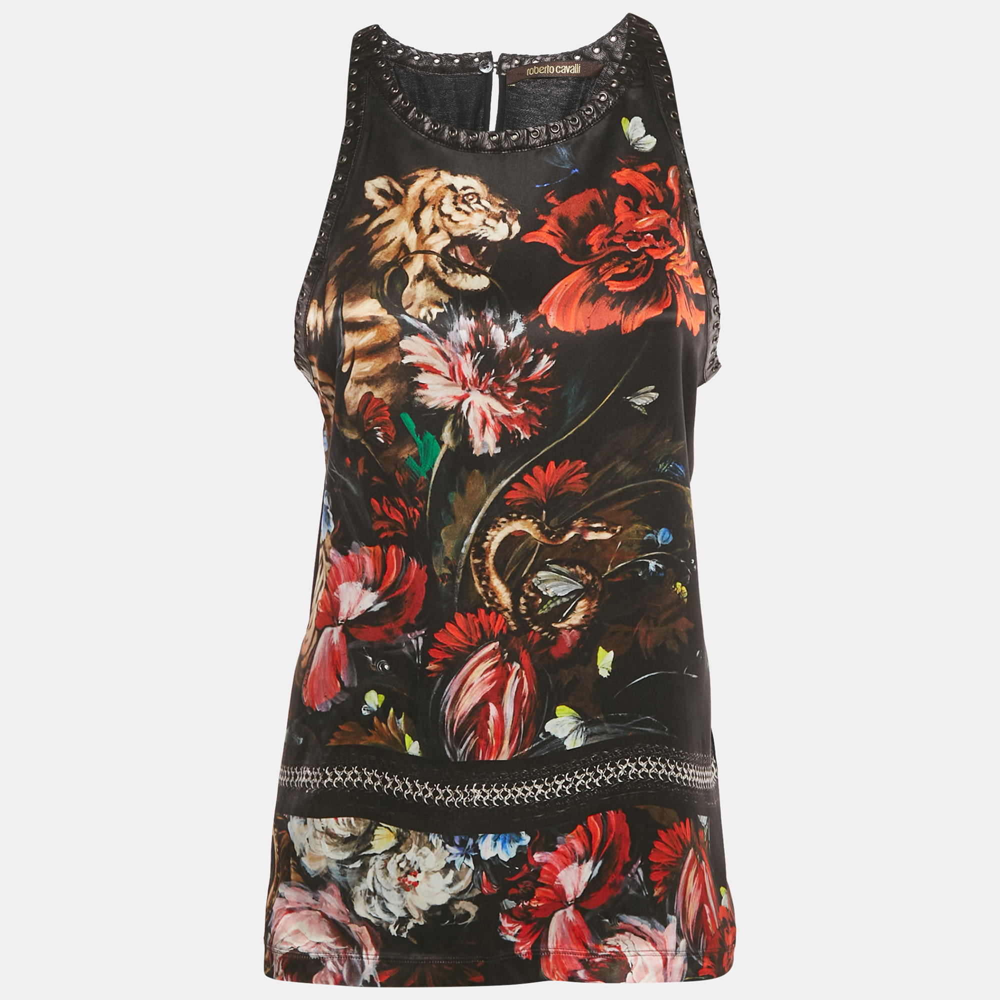 Pre-owned Roberto Cavalli Black Floral Print Silk Lace-up Leather Tank Top M