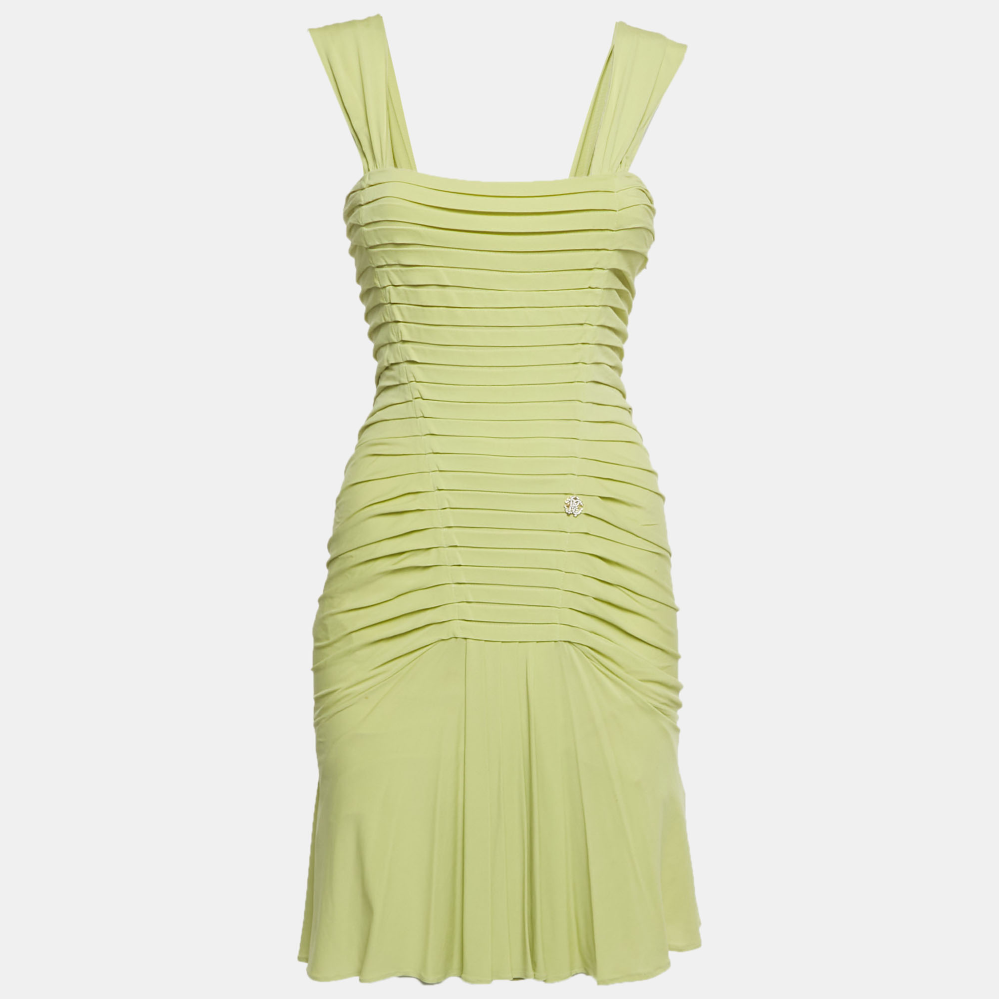 Pre-owned Roberto Cavalli Lime Green Crepe Ruched Mini Dress S