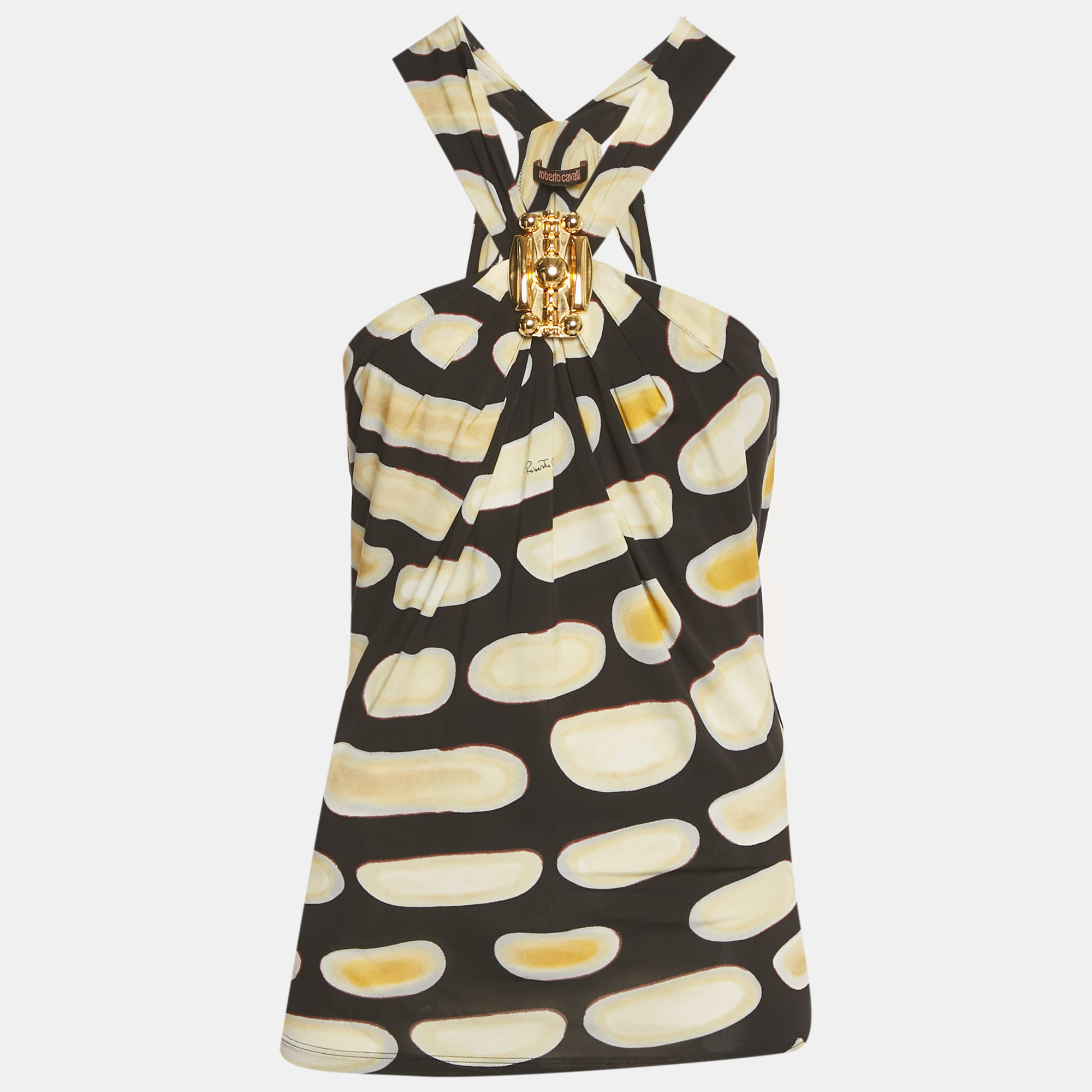 

Roberto Cavalli Black Printed Jersey Brooch Detail Halter Neck Top S