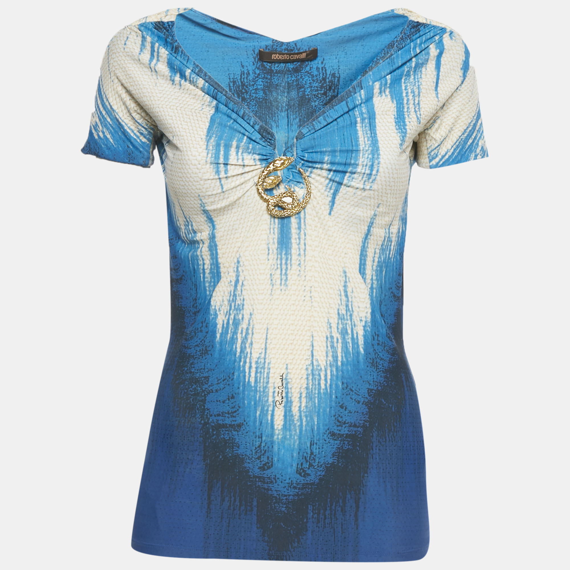 Pre-owned Roberto Cavalli Blue /ivory Printed Jersey Snake Brooch Detail Top M