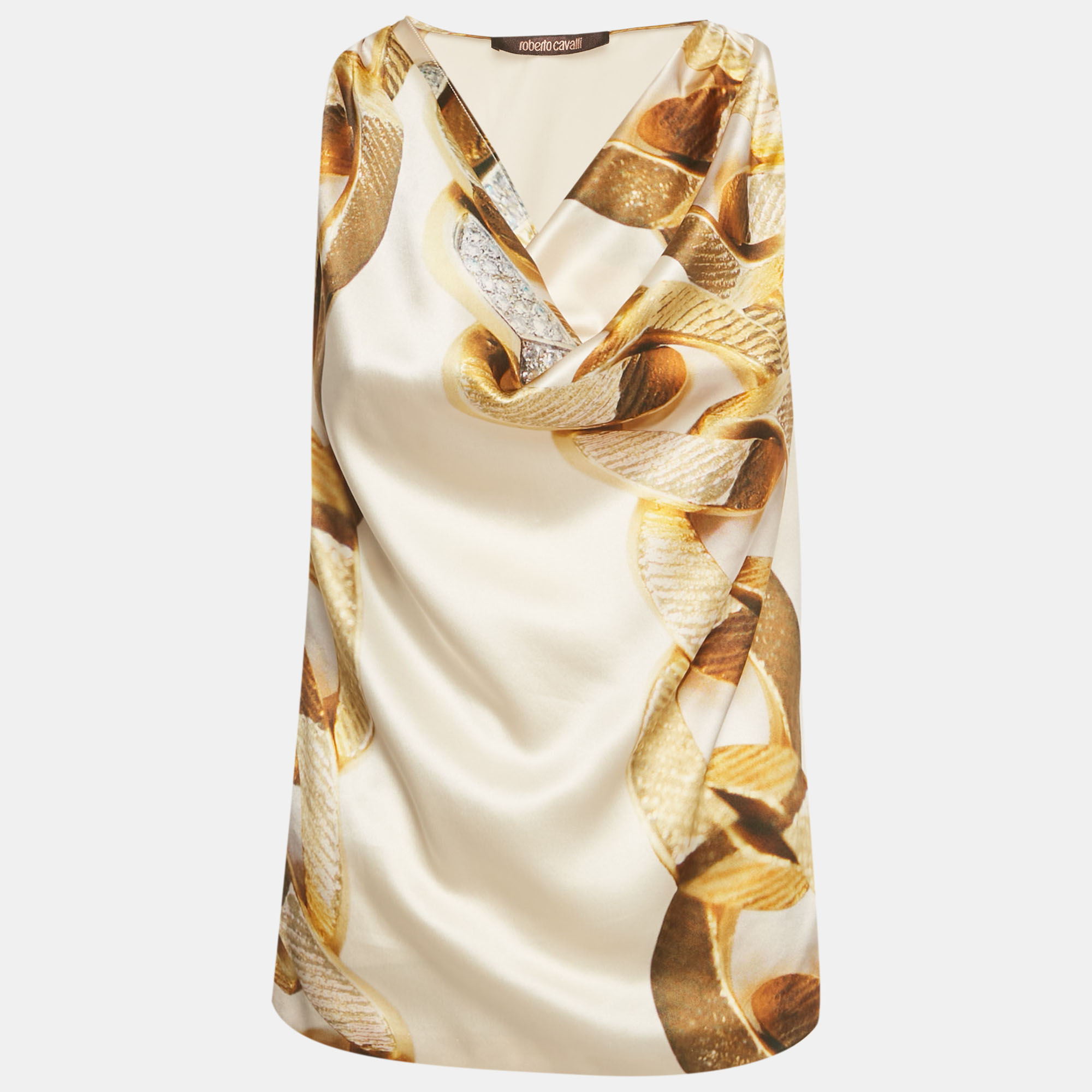 Pre-owned Roberto Cavalli Beige Printed Silk Cowl Neck Sleeveless Blouse S In Sand