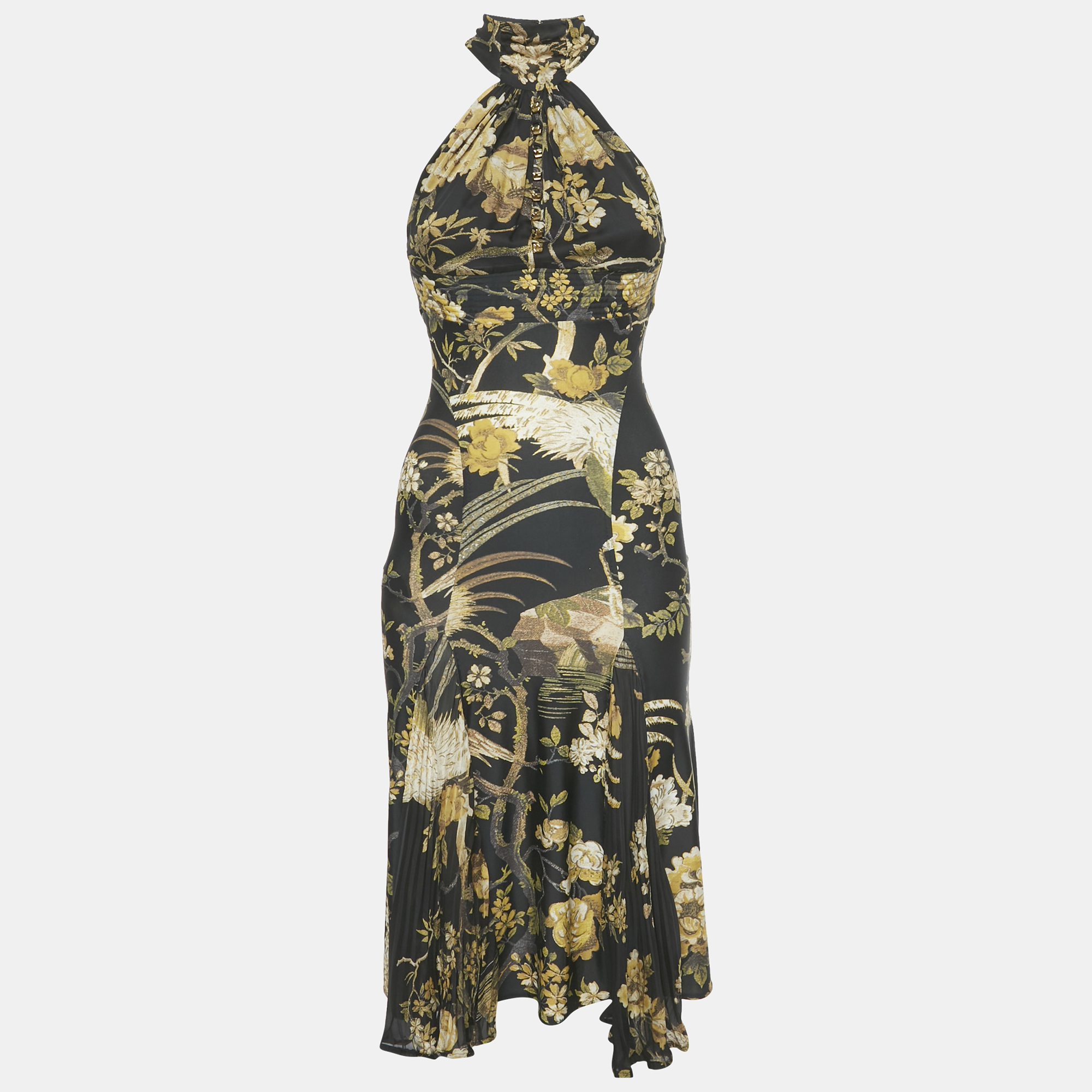 

Roberto Cavalli Black Floral Print Jersey and Silk Sleeveless Midi Dress S