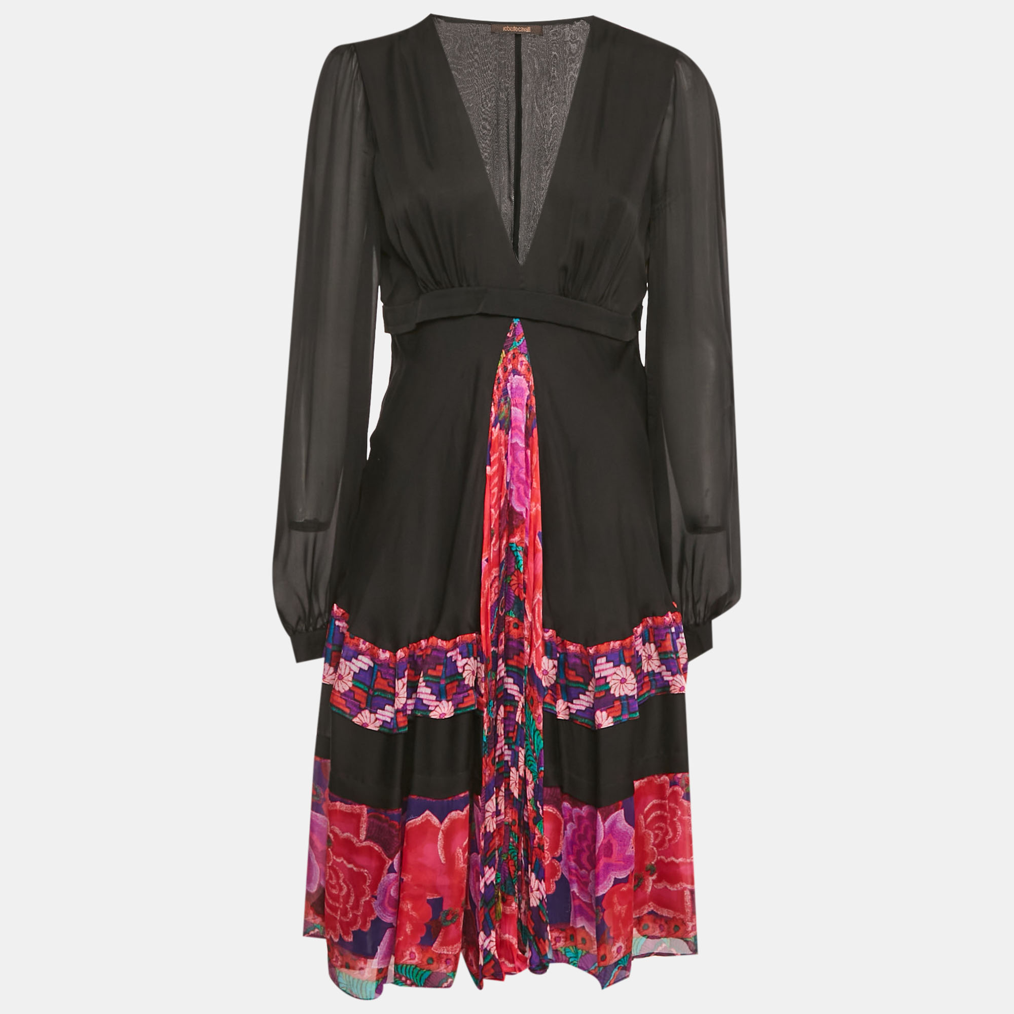 Pre-owned Roberto Cavalli Black Printed Silk Midi Dress M