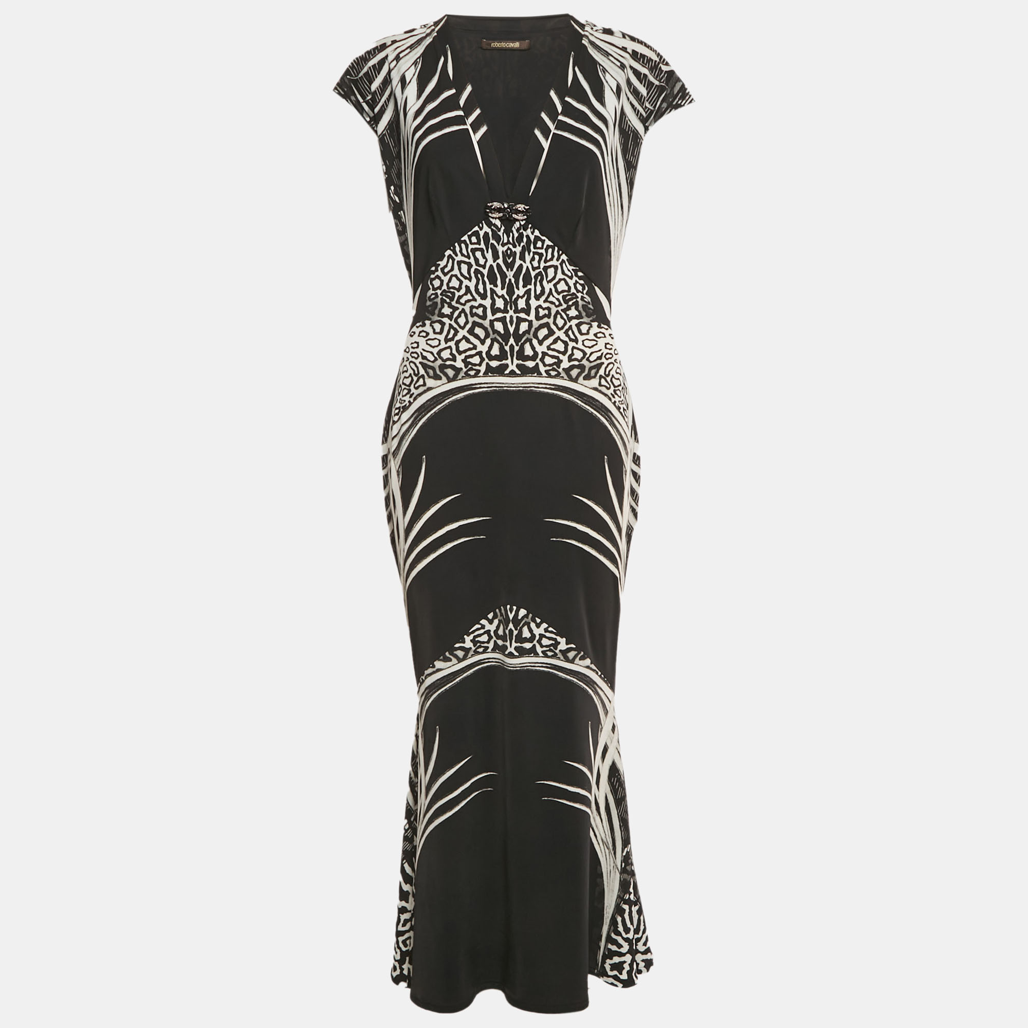

Roberto Cavalli Black Printed Jersey Brocch Detail Maxi Dress M