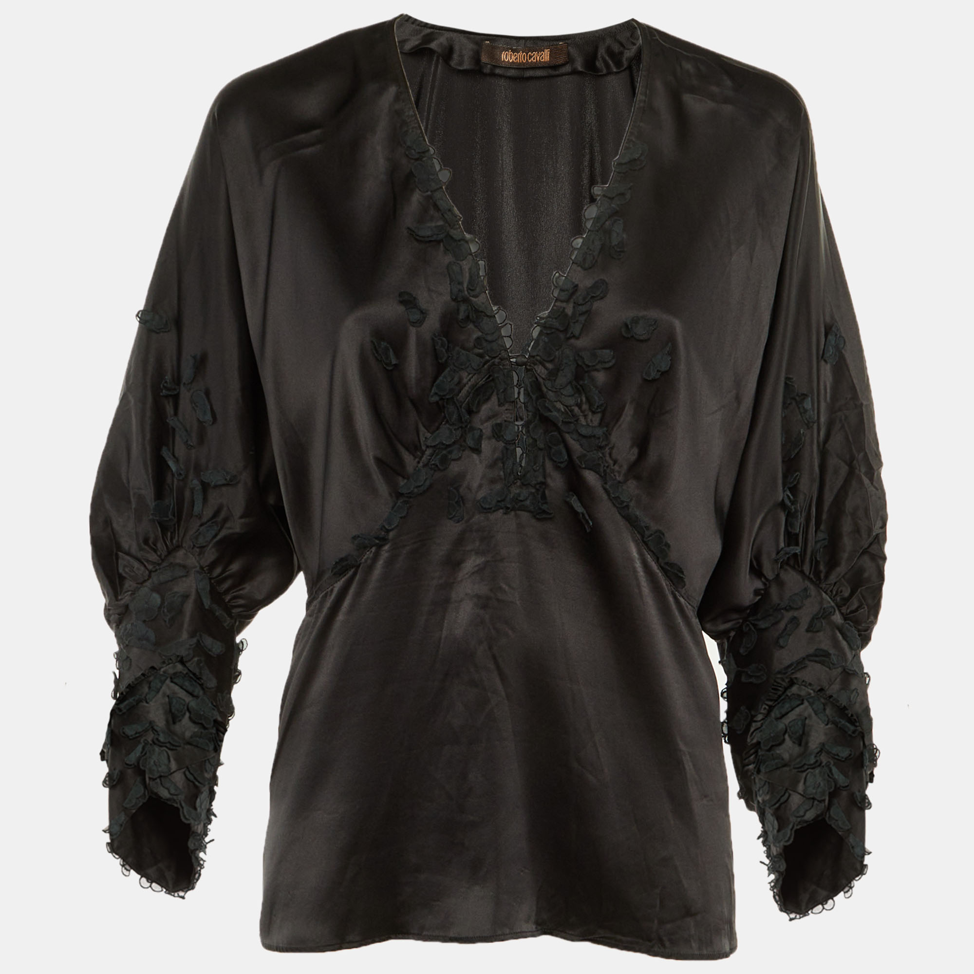 Pre-owned Roberto Cavalli Black Silk Floral Applique Detail Blouse M