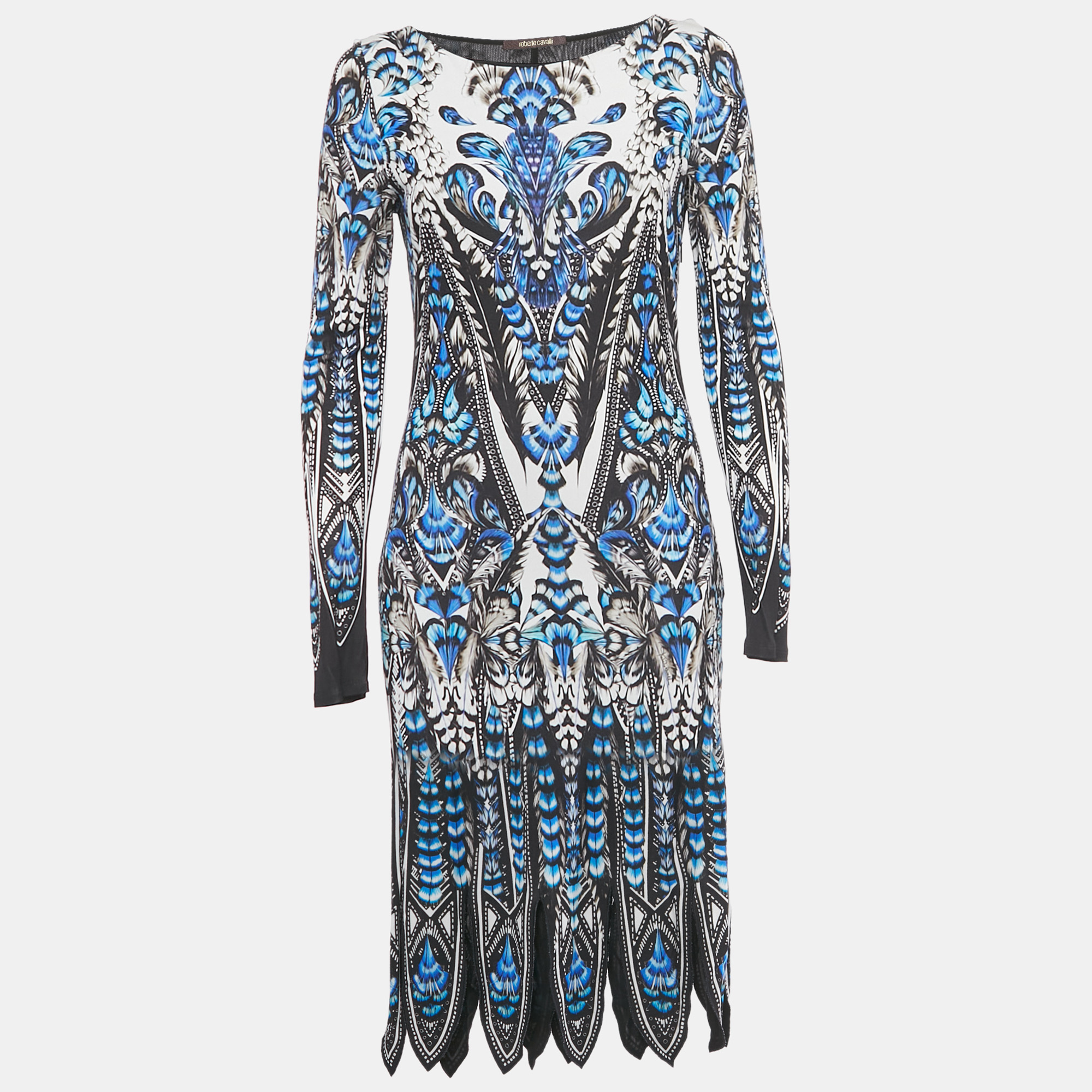 Pre-owned Roberto Cavalli Blue Printed Jersey Long Sleeve Dress M