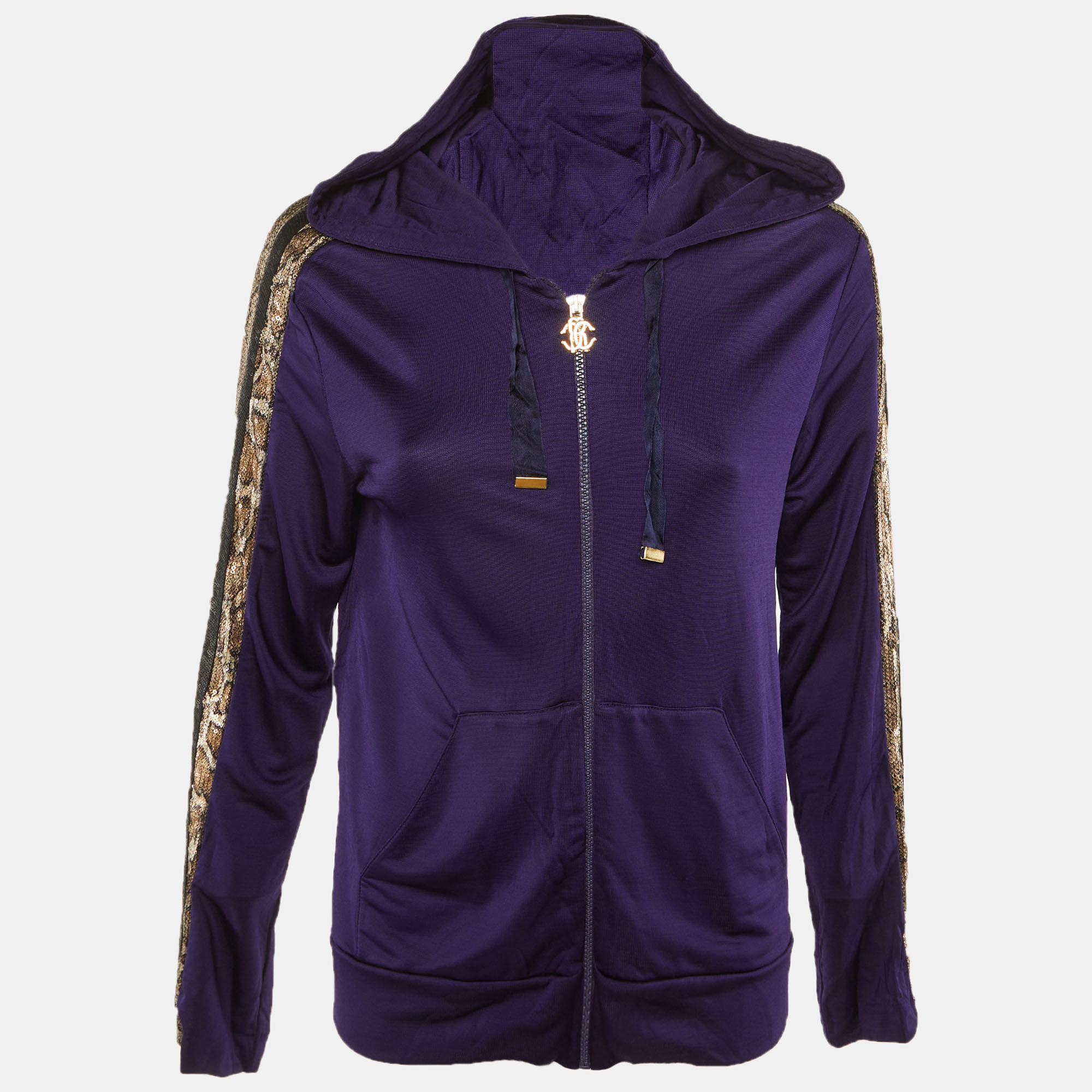 

Roberto Cavalli Purple Crepe Side Embellished Trim Hooded Jacket L