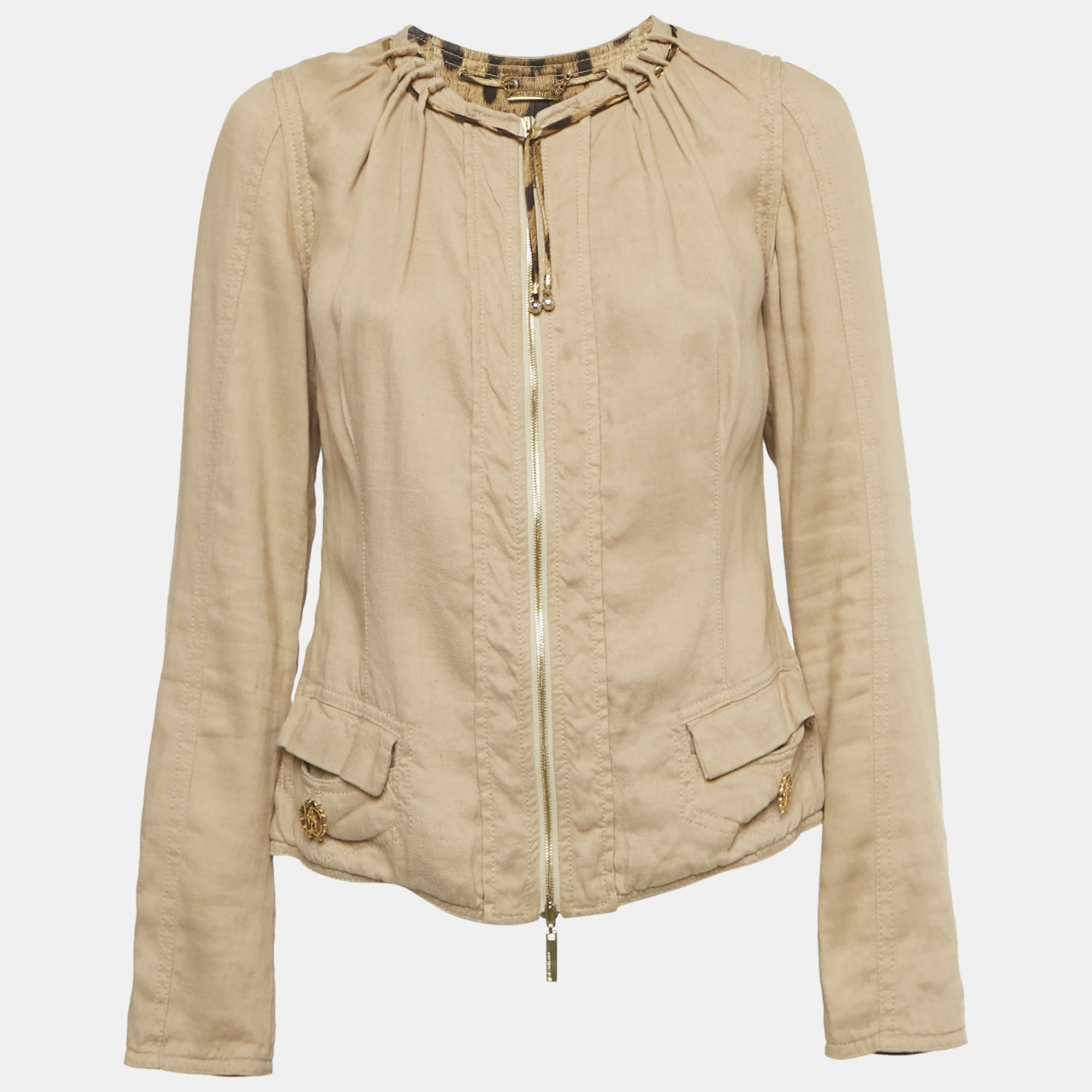 Pre-owned Roberto Cavalli Beige Linen Blend Zip-up Jacket S In Sand
