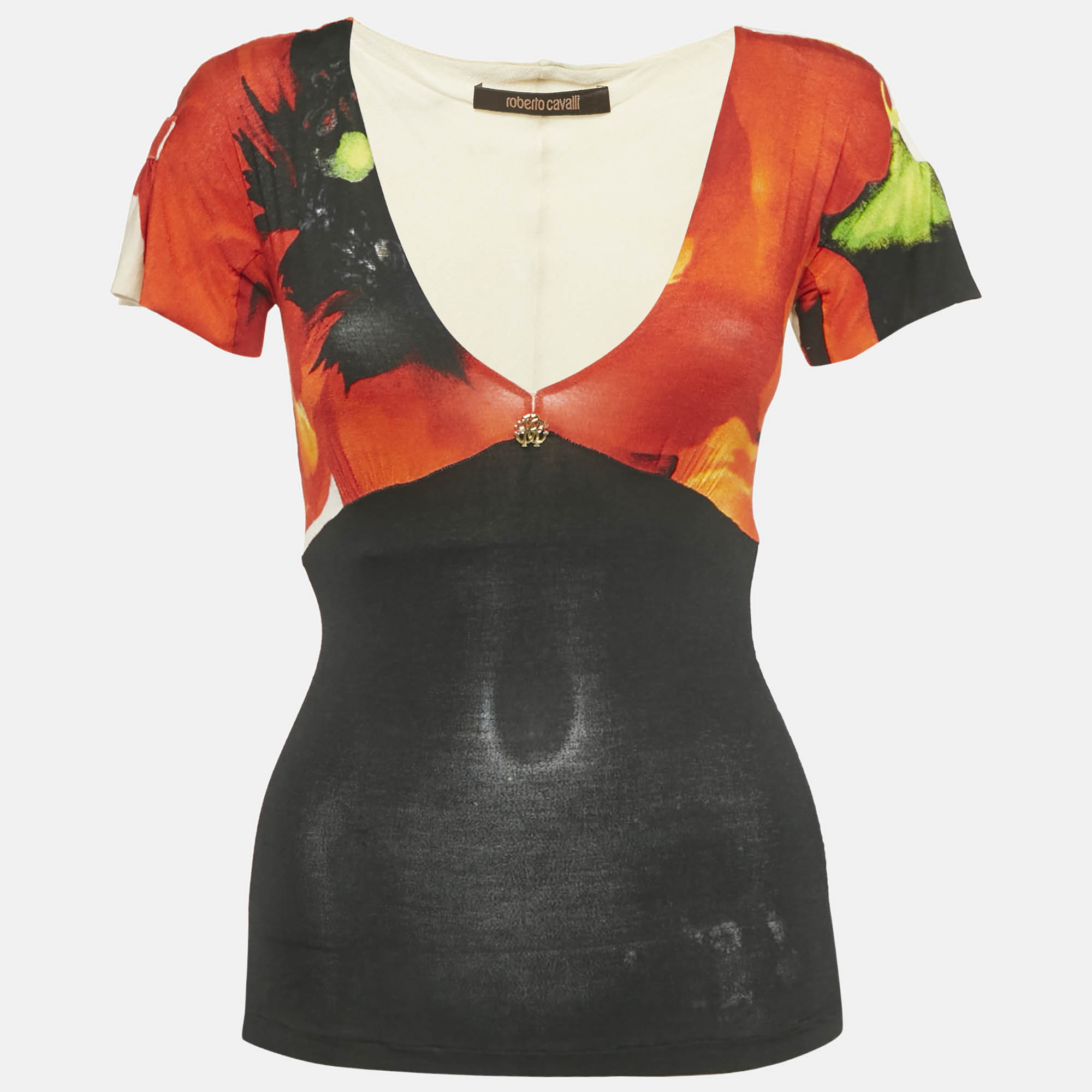 

Roberto Cavalli Red/Black Printed Jersey V-Neck Top S