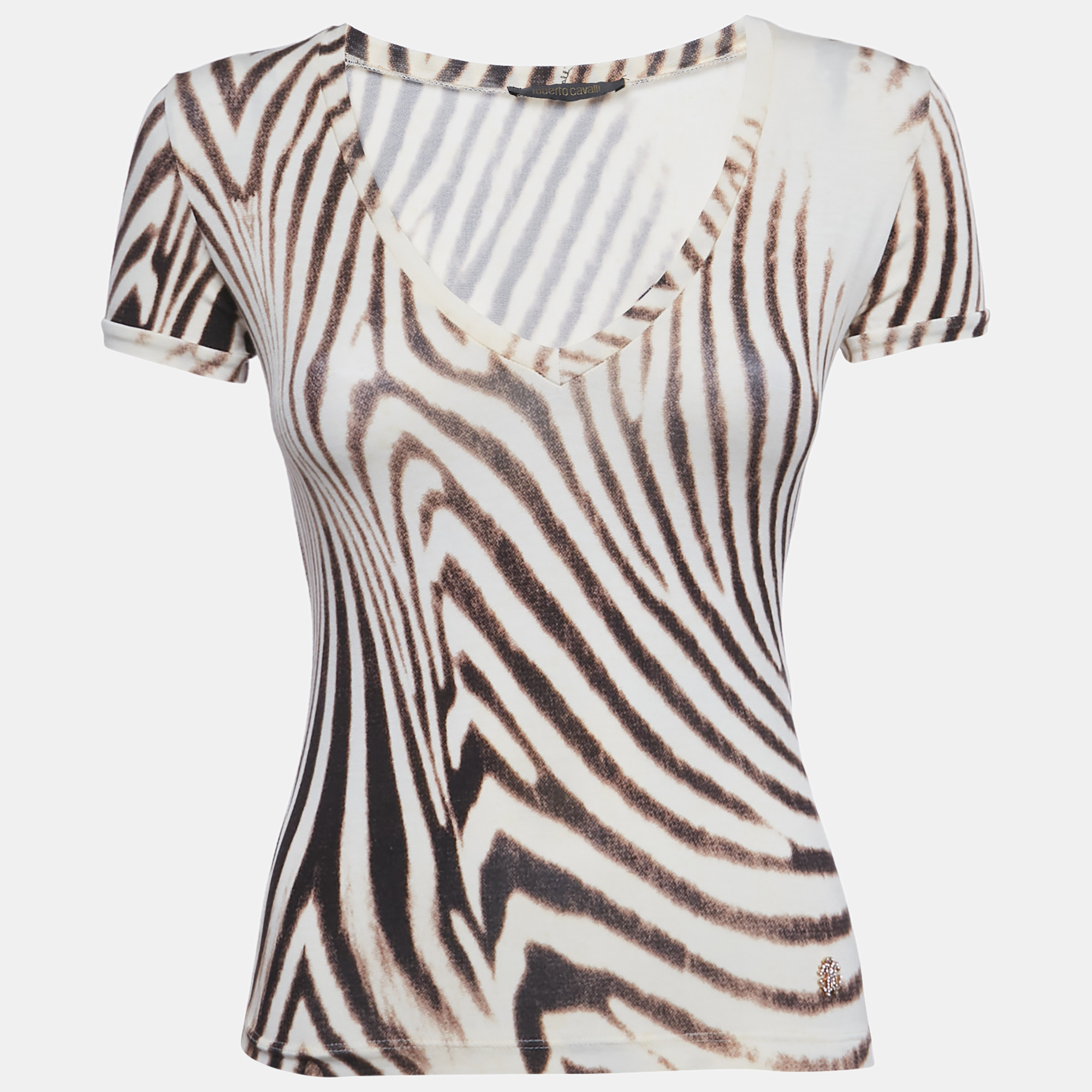 

Roberto Cavalli Brown Animal Skin Print Jersey V-Neck Top S, Beige