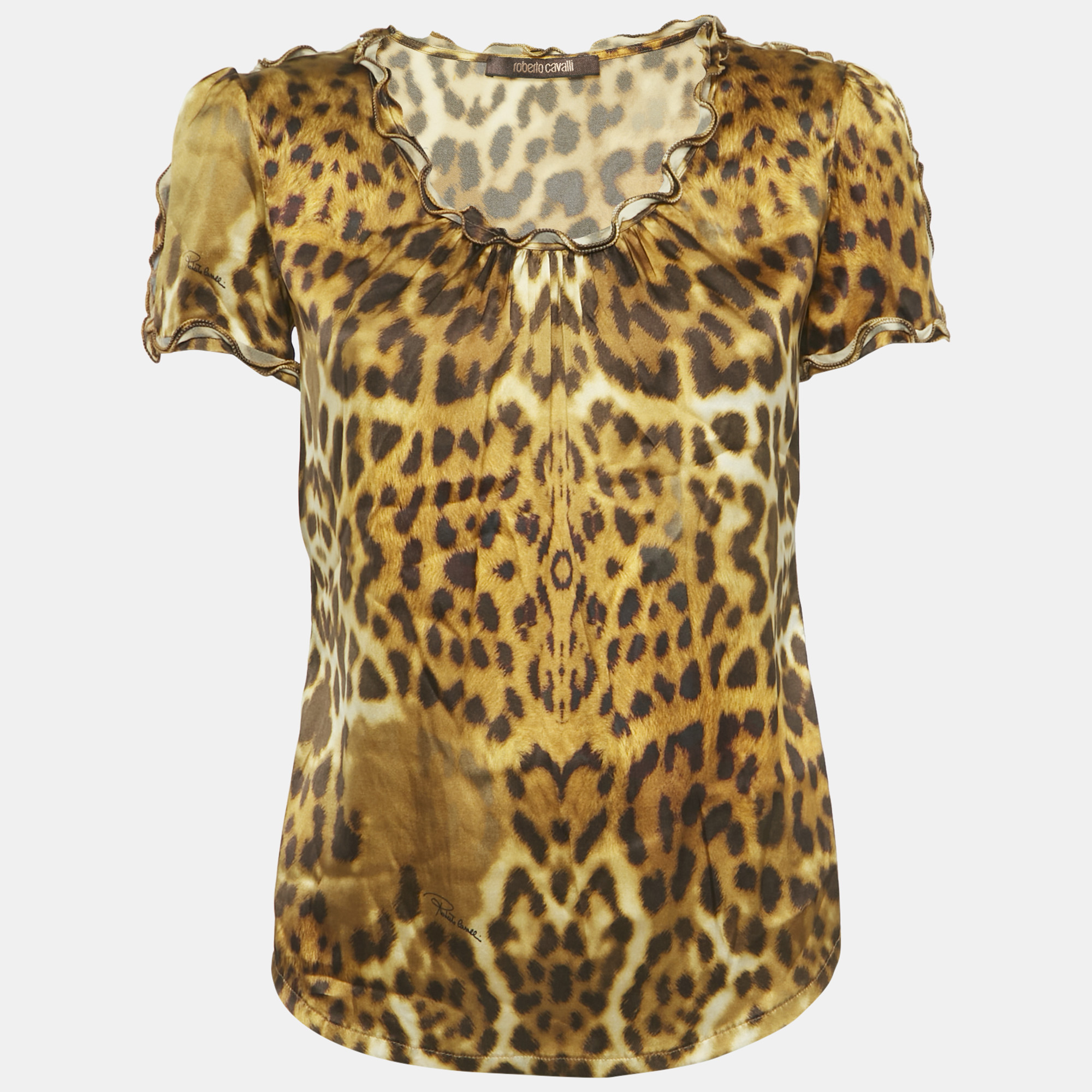 

Roberto Cavalli Yellow Leopard Print Silk Blouse S