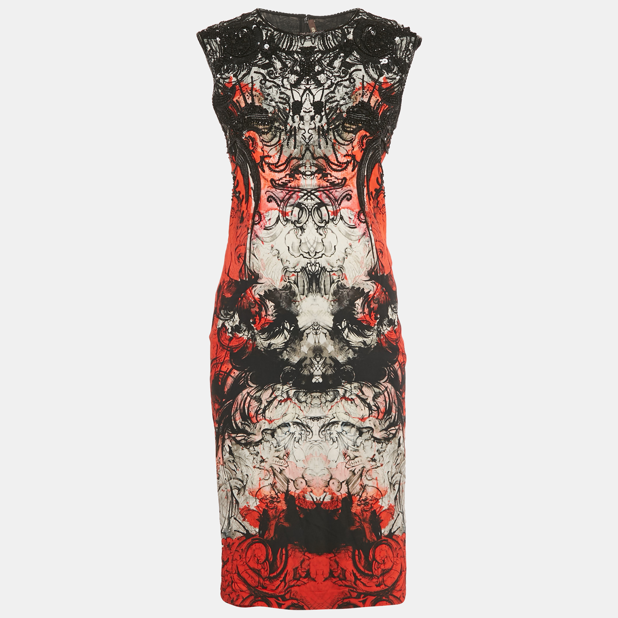 Pre-owned Roberto Cavalli Red/black Print Crepe Beaded Sleeveless Dress M In Orange
