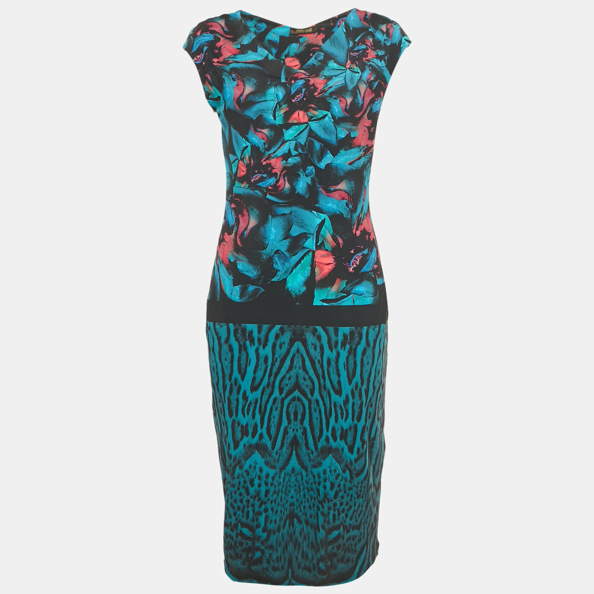Click to view more detailed imagery on our partner's website Pre-owned Roberto Cavalli Blue Printed Jersey Midi Dress L