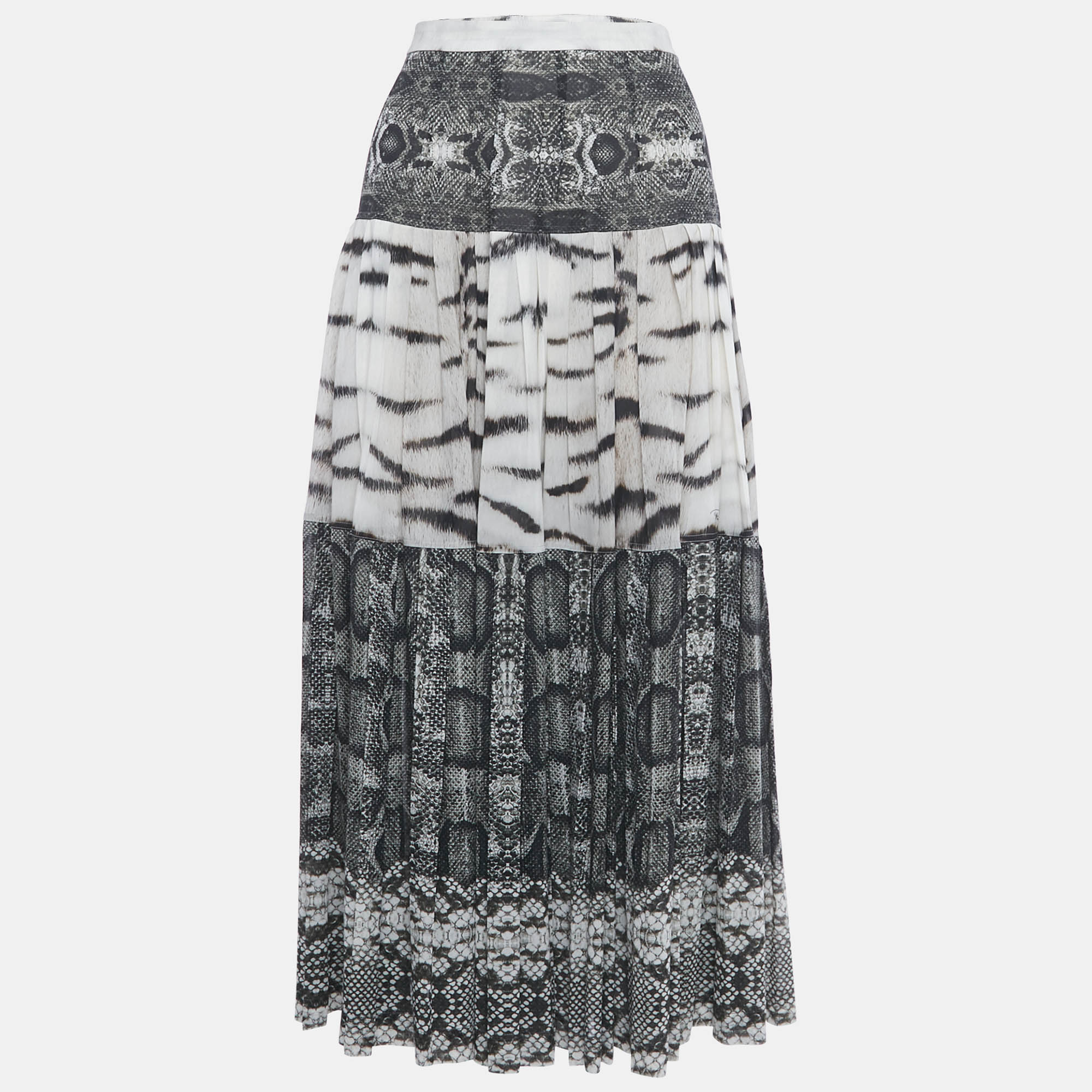 Pre-owned Roberto Cavalli Grey Printed Silk Maxi Skirt L In Gray