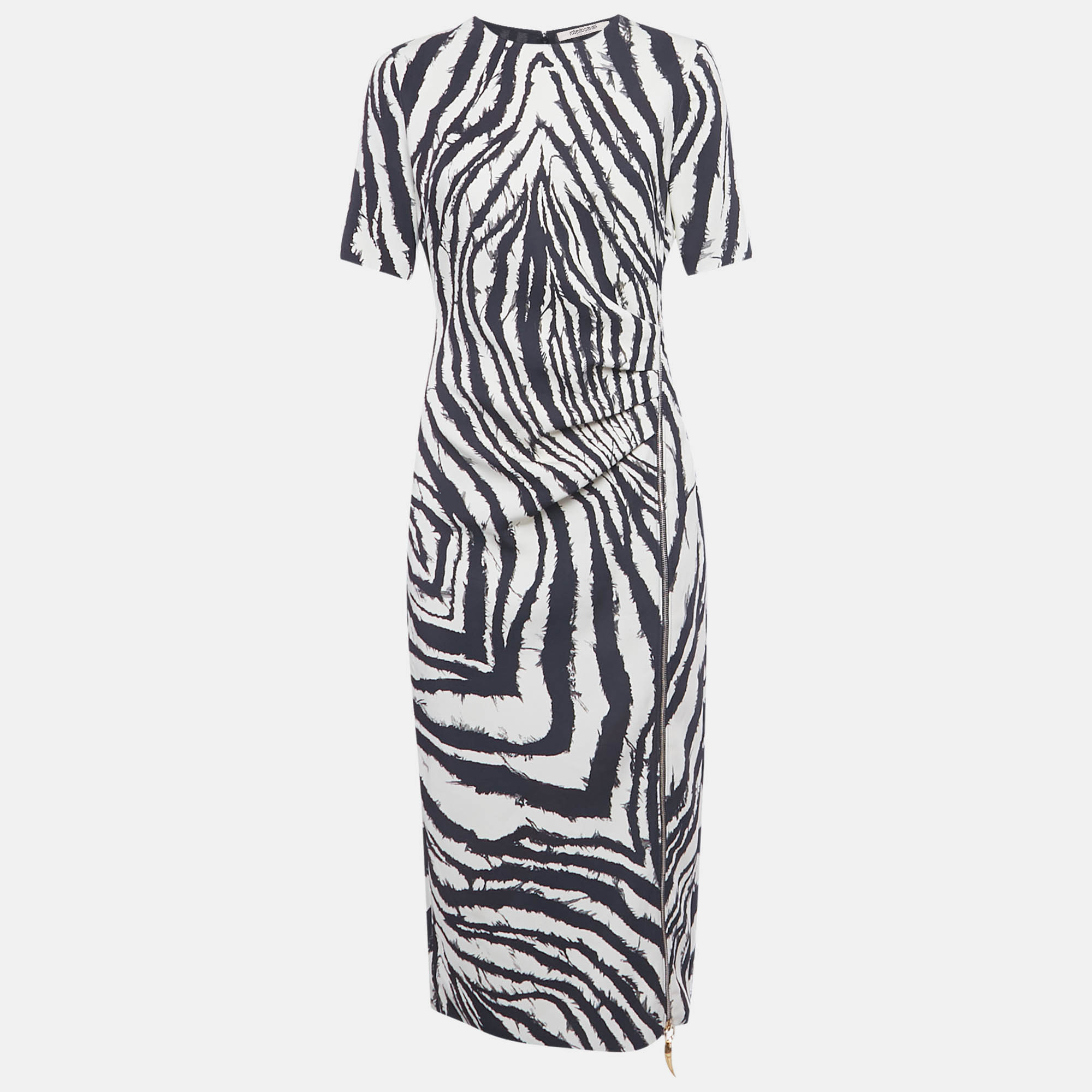 Click to view more detailed imagery on our partner's website Pre-owned Roberto Cavalli White/black Printed Crepe Midi Dress M