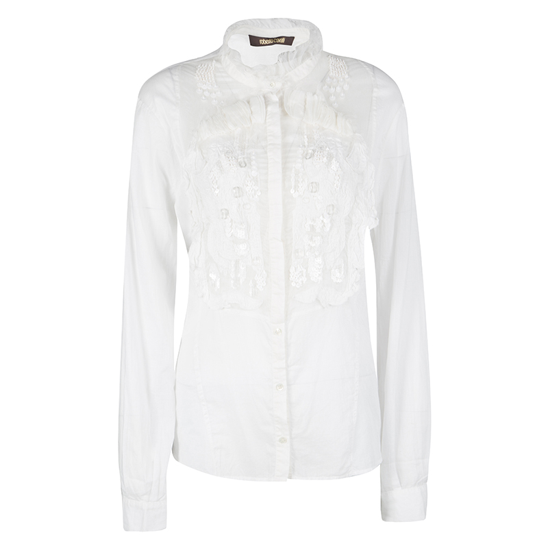 مملوكة مسبقًا Roberto Cavalli White Embellished Cotton Long Sleeve Blouse L