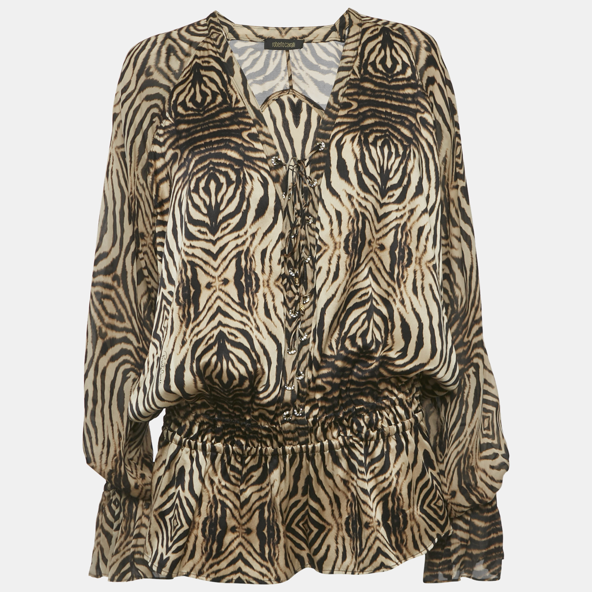 

Roberto Cavalli Brown Tiger Printed Silk Tie Up Detail Top L