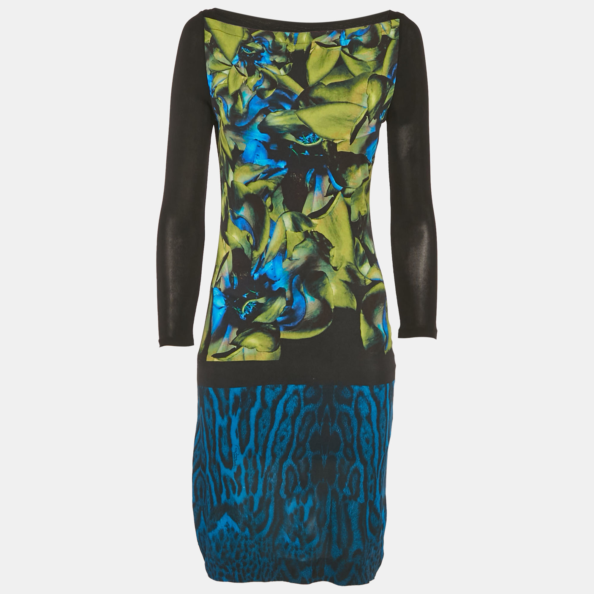 

Roberto Cavalli Black/Blue Printed Jersey Mini Dress S