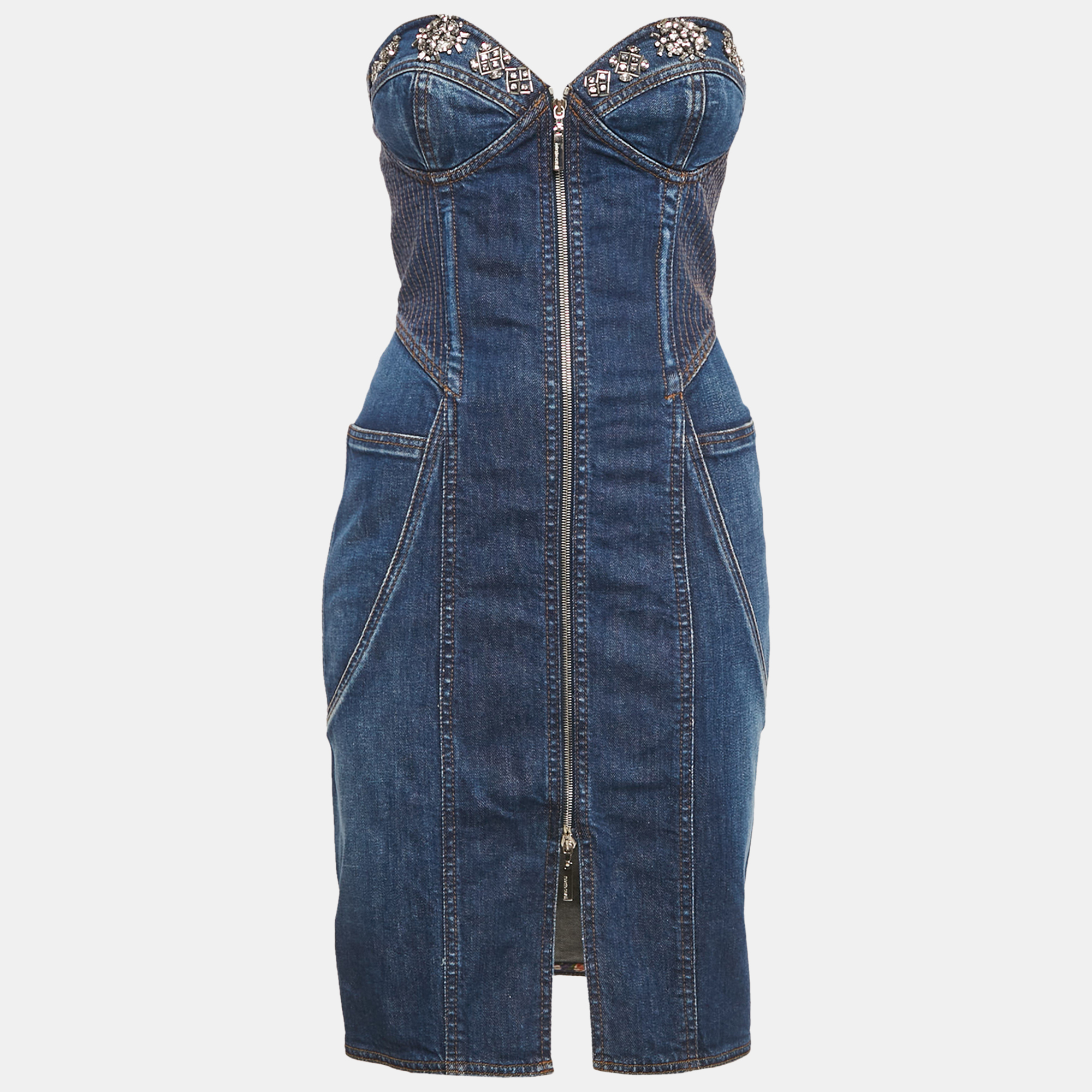 

Roberto Cavalli Blue Denim Embellished Bustier Mini Dress S