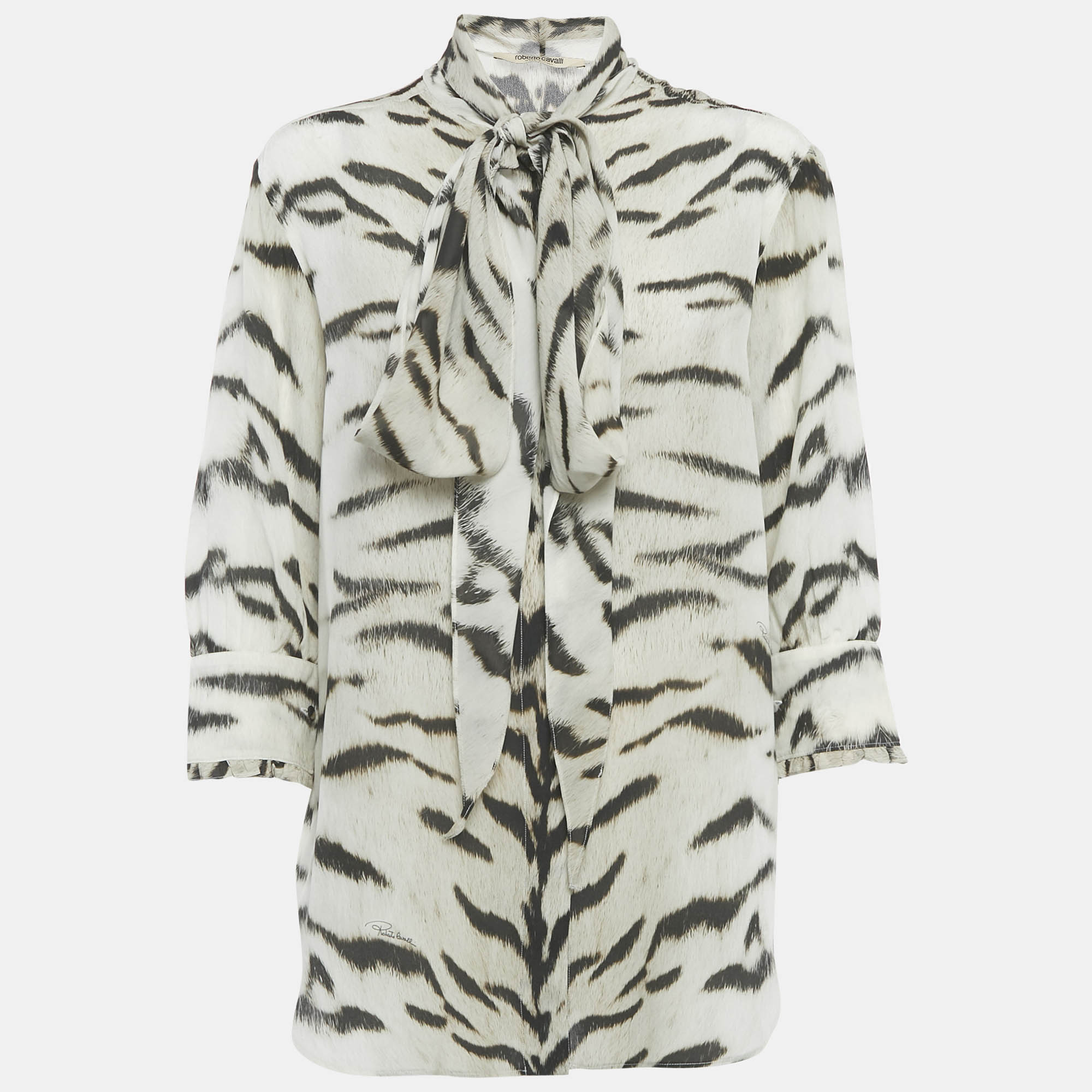

Roberto Cavalli White/Black Zebra Print Silk Bow Detail Shirt M
