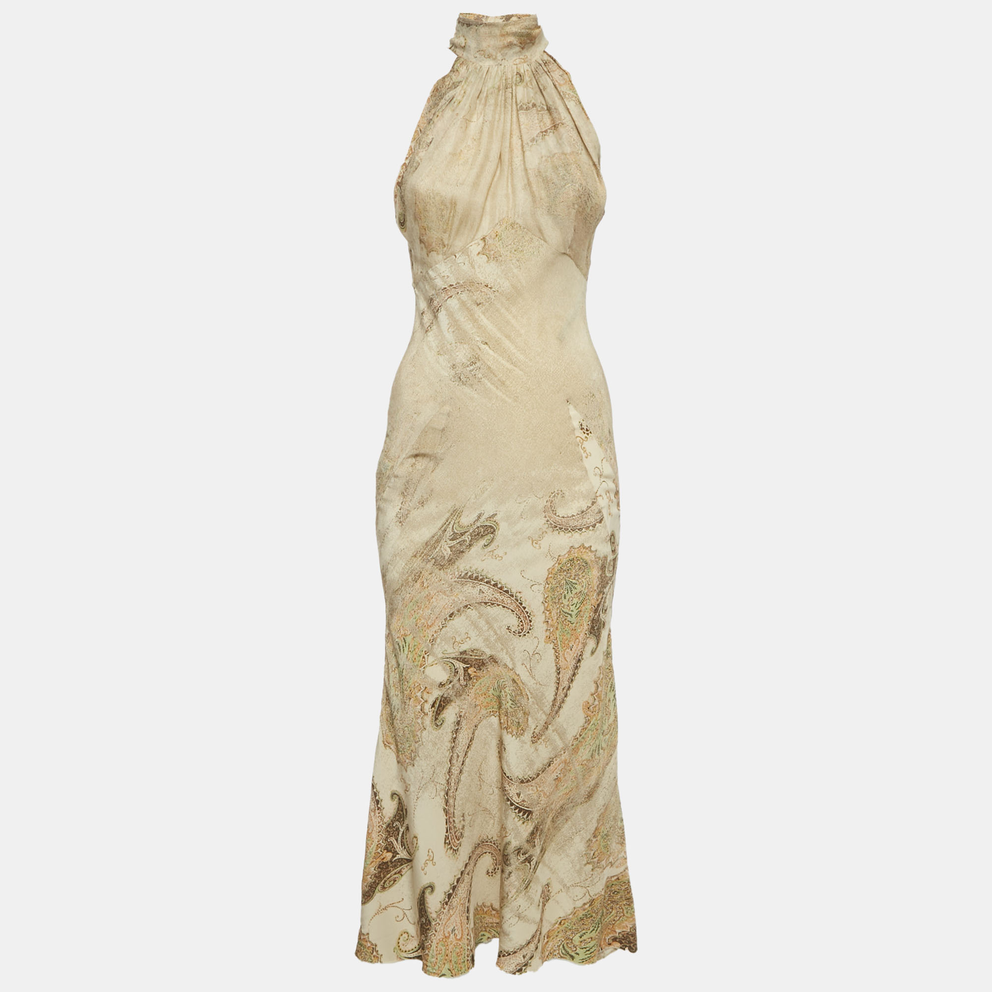 

Roberto Cavalli Beige Paisley Print Silk Neck Tie Detail Dress XS