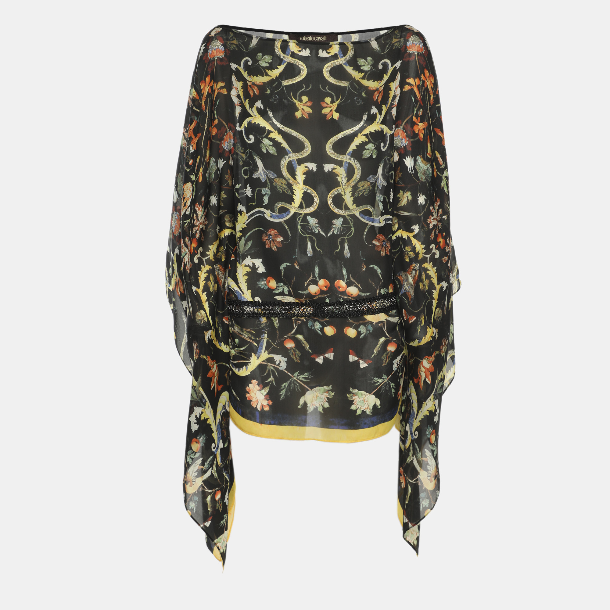 

Roberto Cavalli Black Multicolor Floral Print Silk Belted Top S