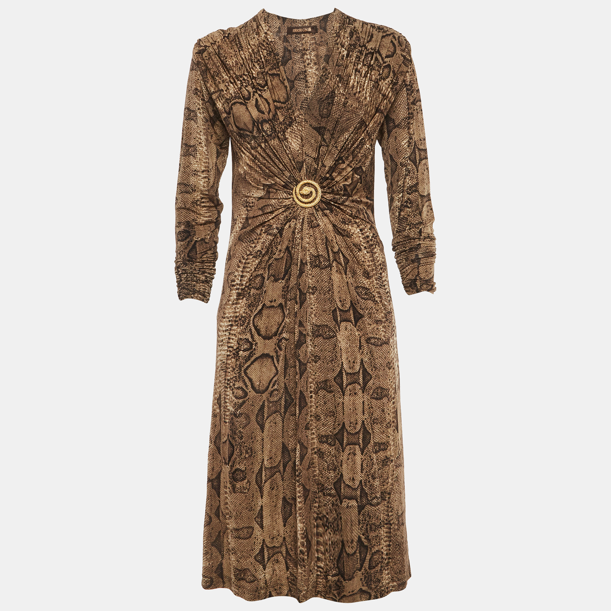 

Roberto Cavalli Brown Snakeskin Print Jersey Embellished Midi Dress L