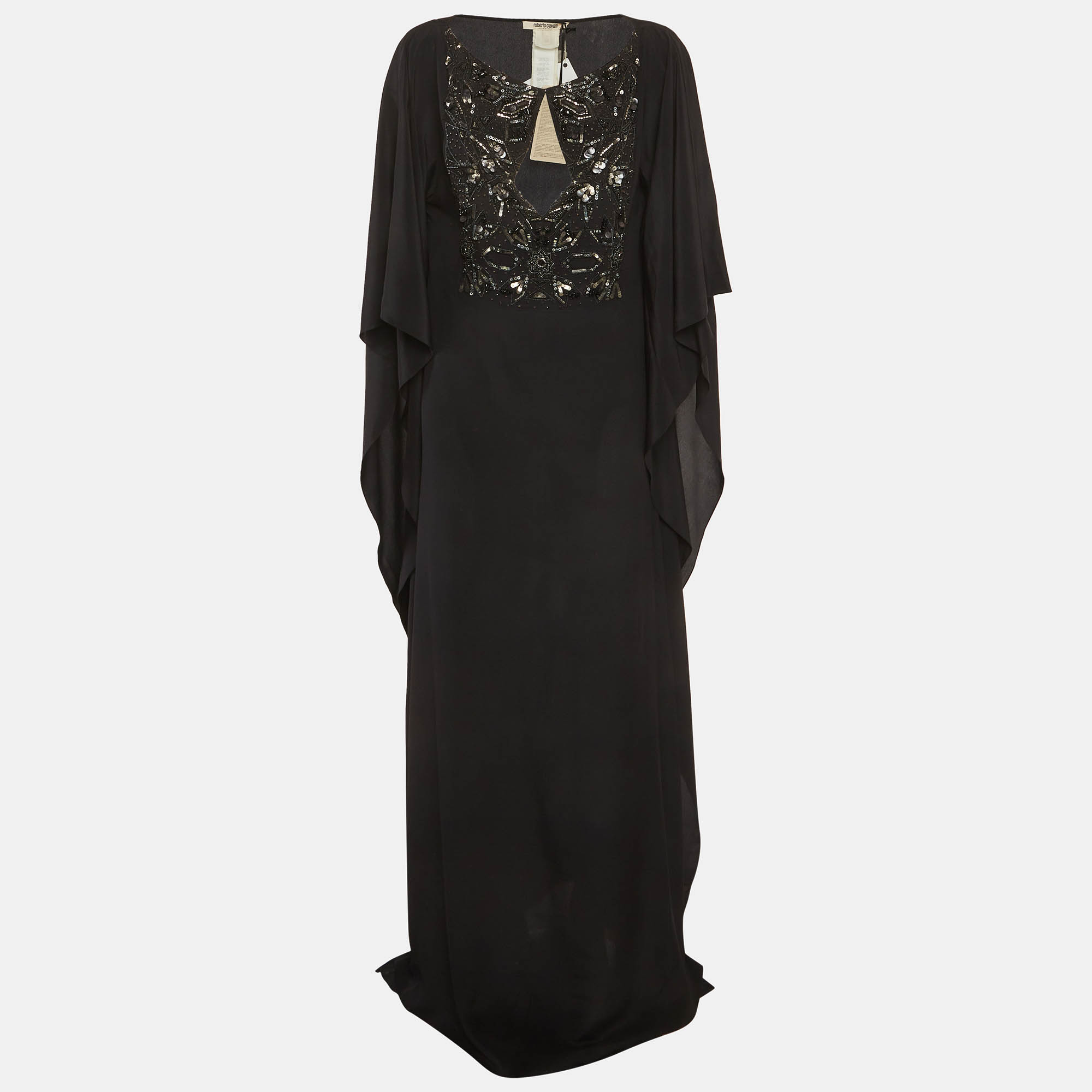 

Roberto Cavalli Black Silk Embroidered Maxi Kaftan M