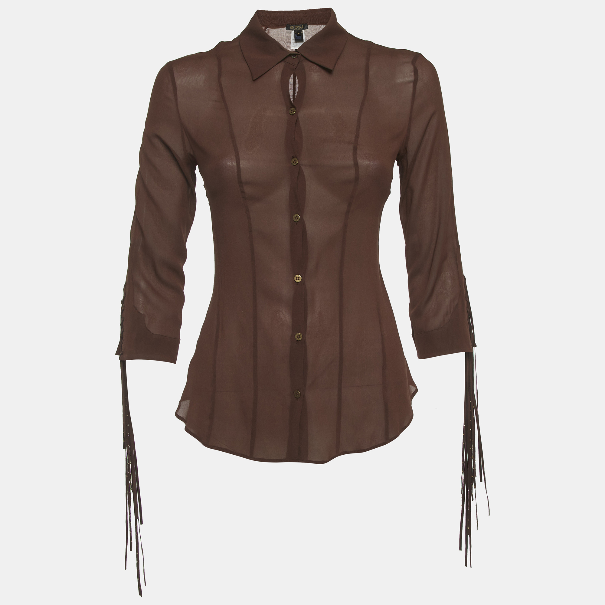 

Roberto Cavalli Brown Silk Sheer Fringe Detail Shirt M