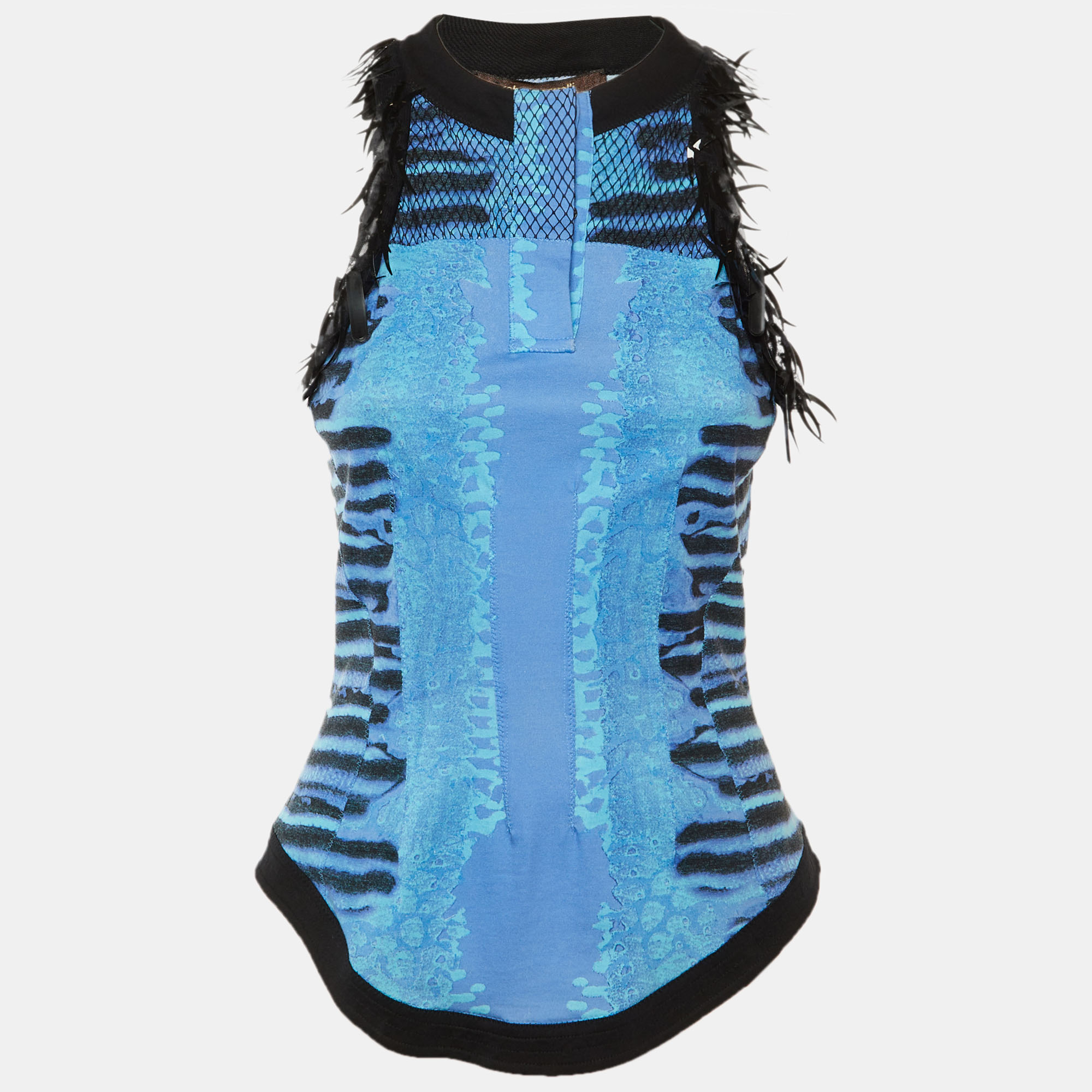 

Roberto Cavalli Blue Printed Cotton Sequin Detail Sleeveless Top S